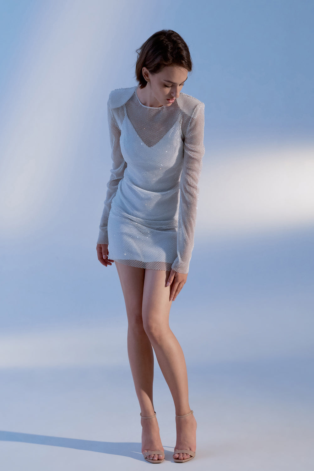 White mesh mini dress with crystals. - Semenenko-store
