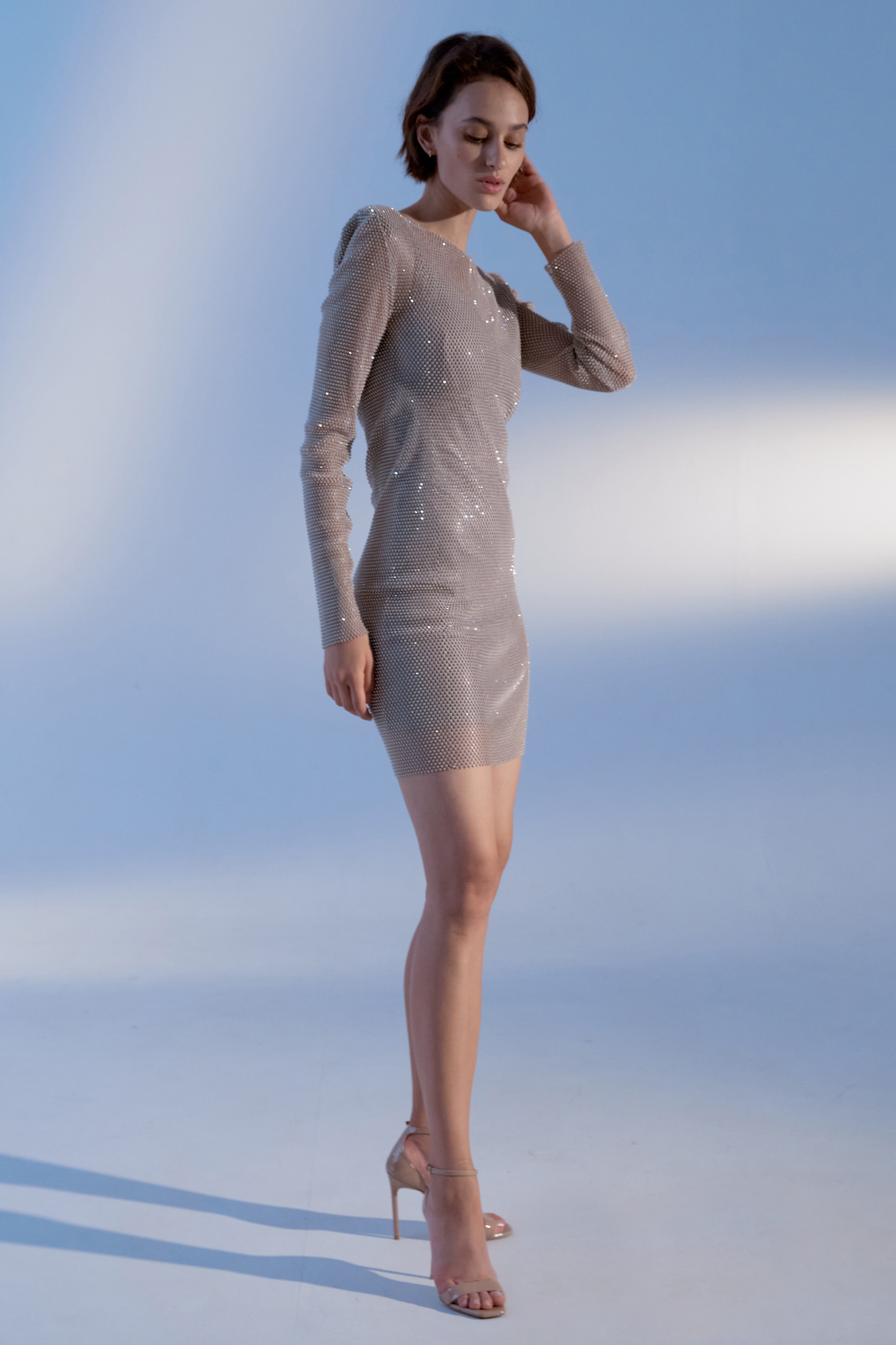 Beige mesh mini dress with crystals. - Semenenko-store