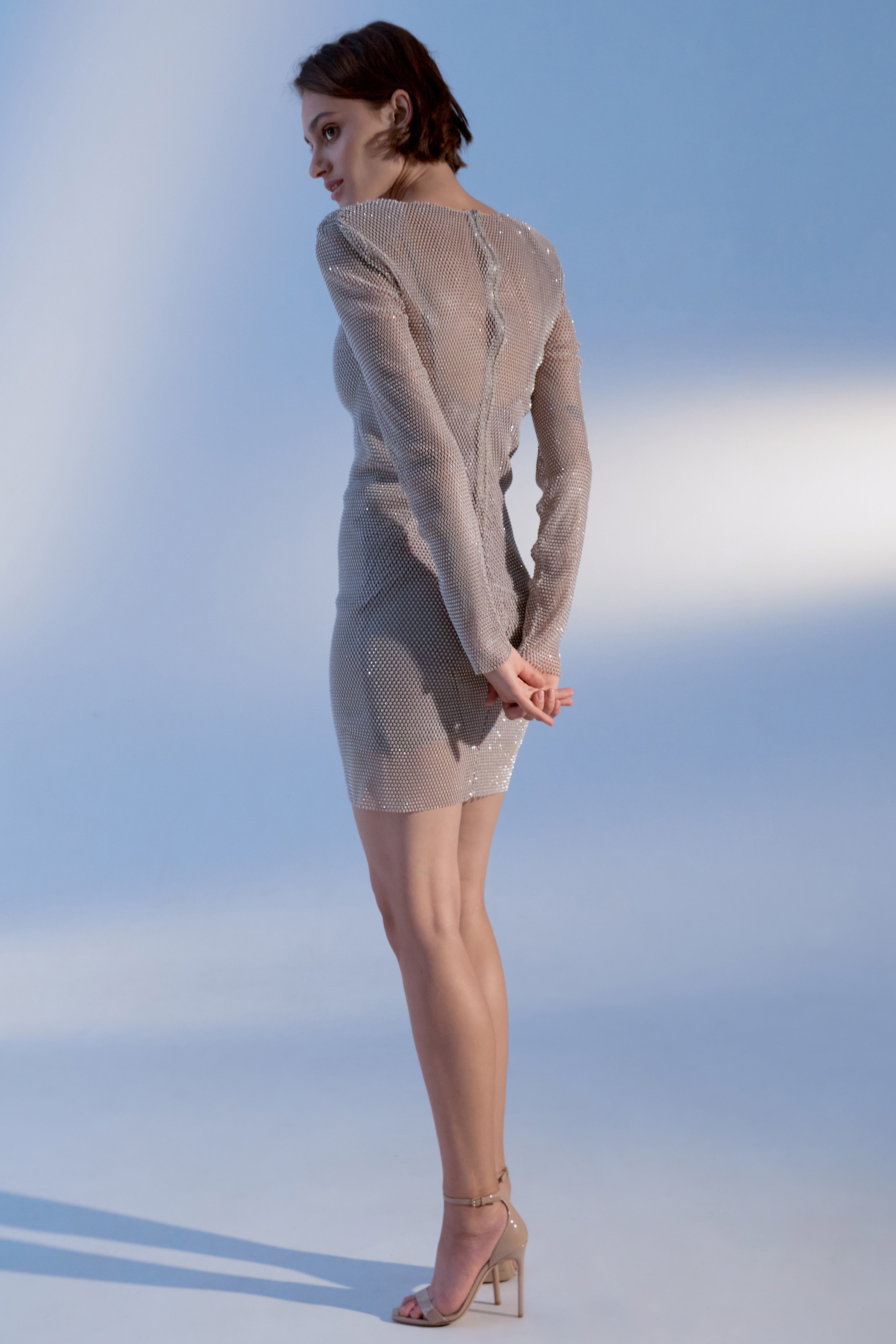 Beige mesh mini dress with crystals. - Semenenko-store