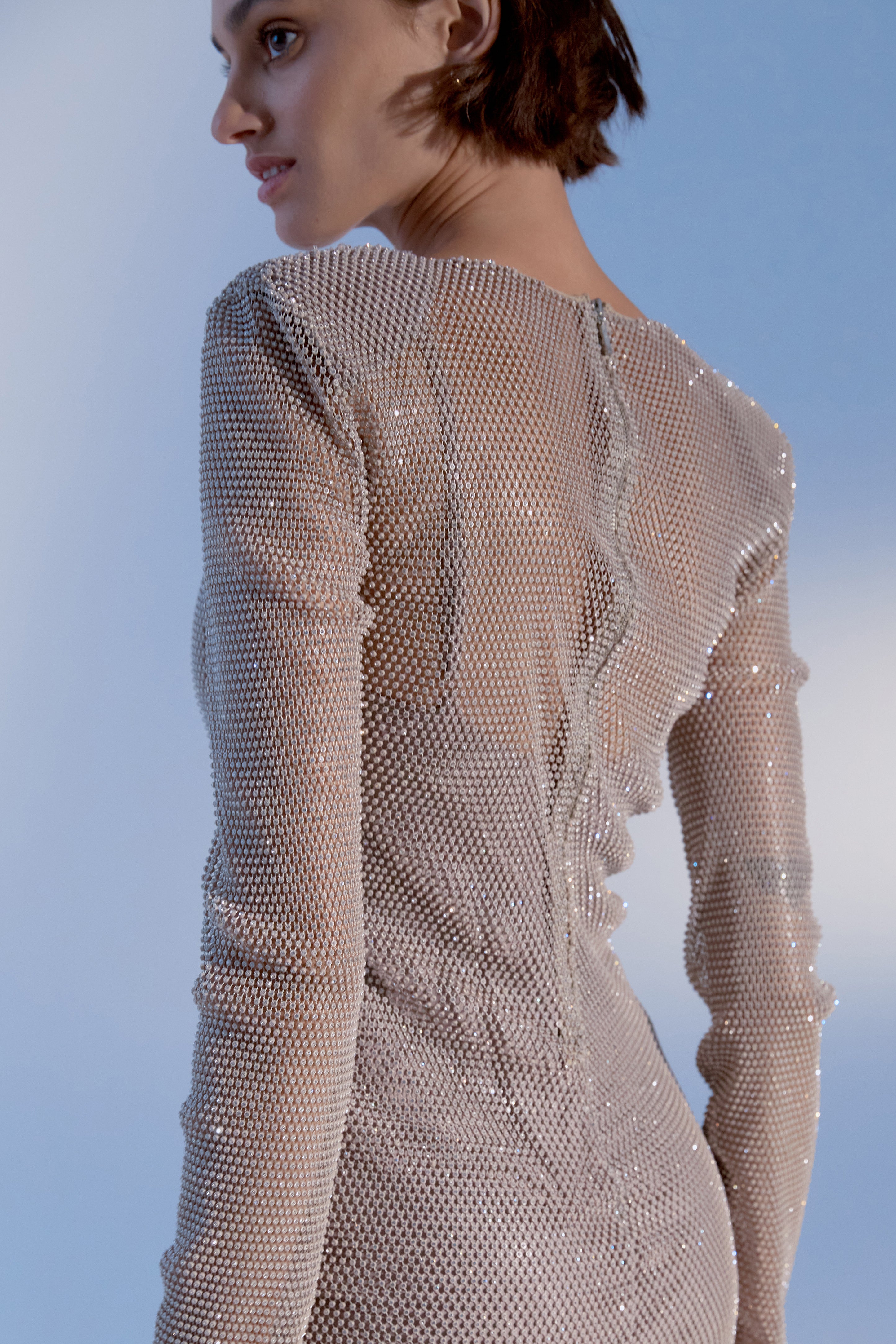 Beige mesh mini dress with crystals. - Semenenko-store