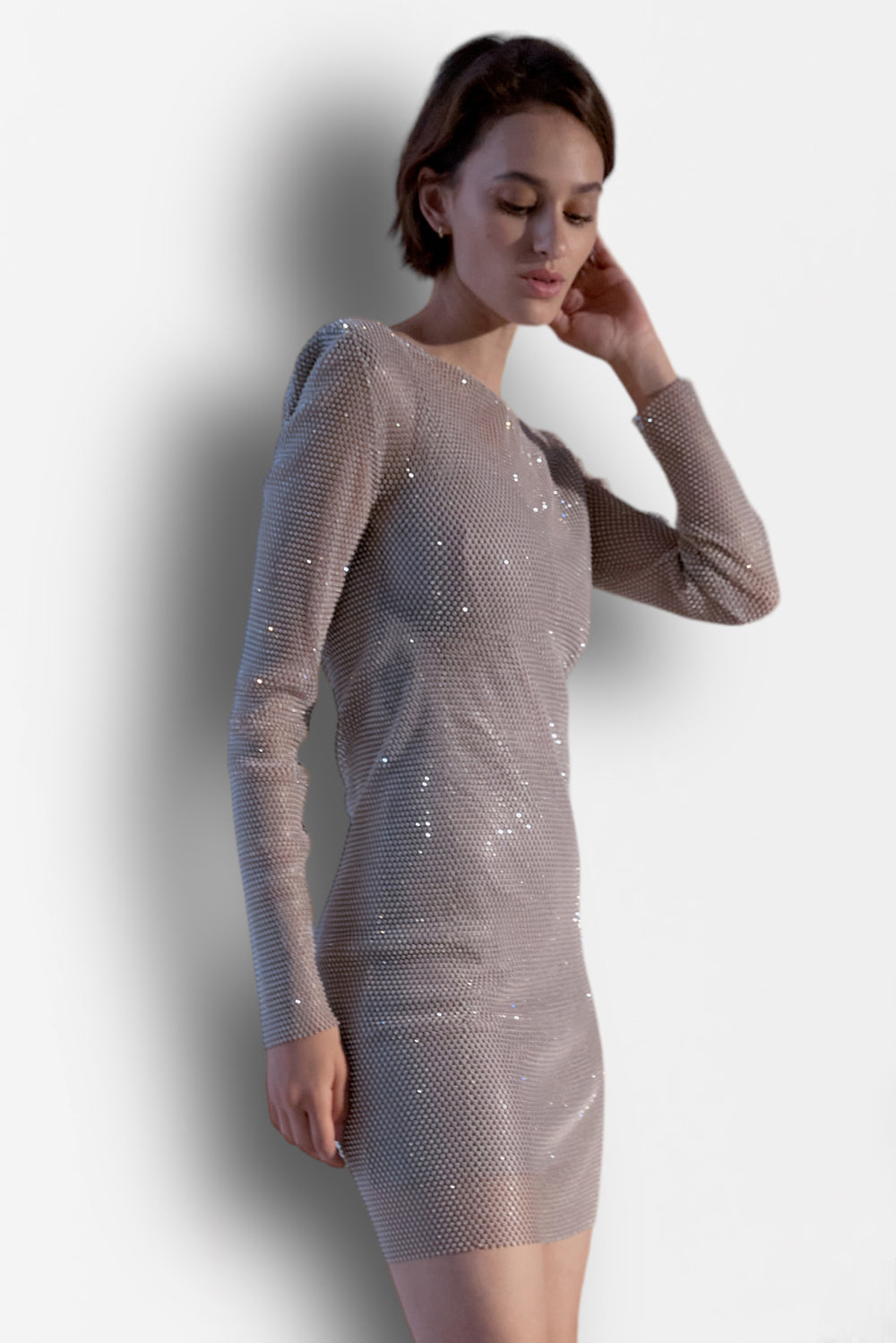 Beige mesh mini dress with crystals. - Semenenko-store