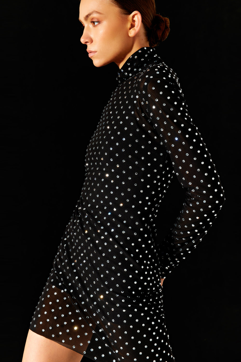 Black mesh mini dress with kpup crystals. - Semenenko-store