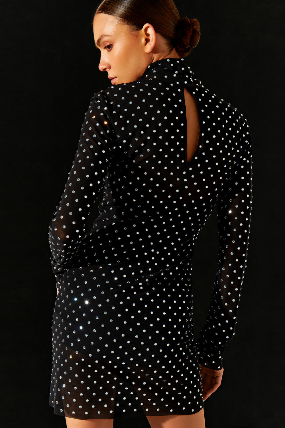 Black mesh mini dress with kpup crystals. - Semenenko-store