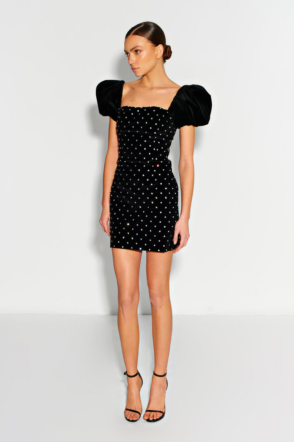 Black velvet mini dress with crystals. - Semenenko-store