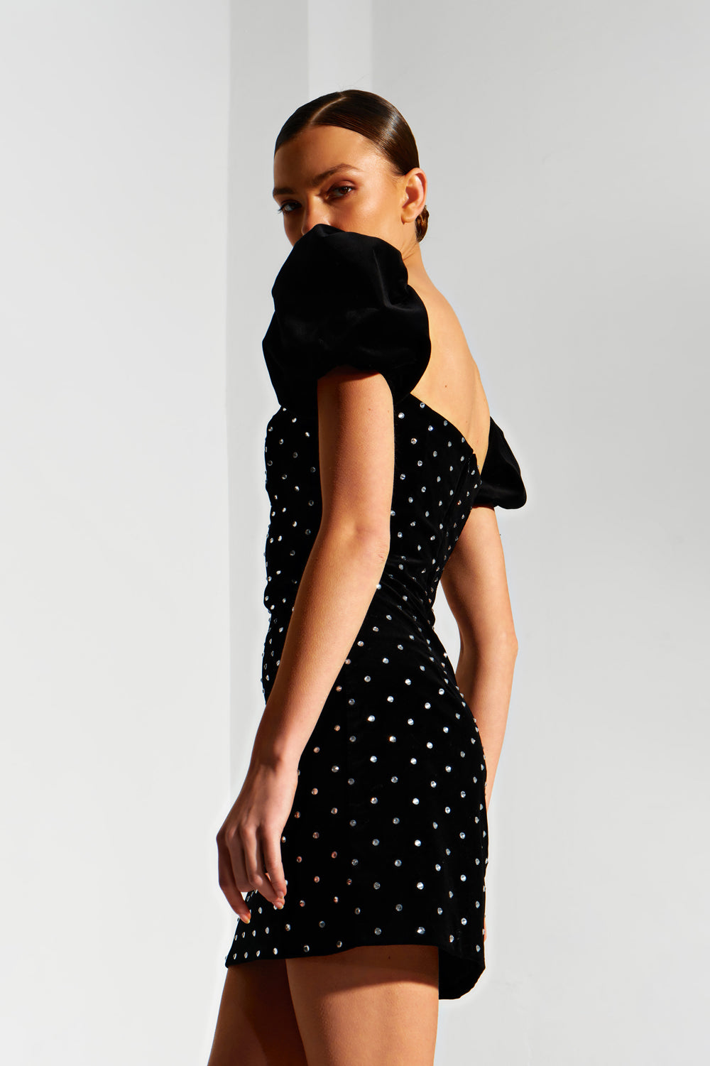 Black velvet mini dress with crystals. - Semenenko-store