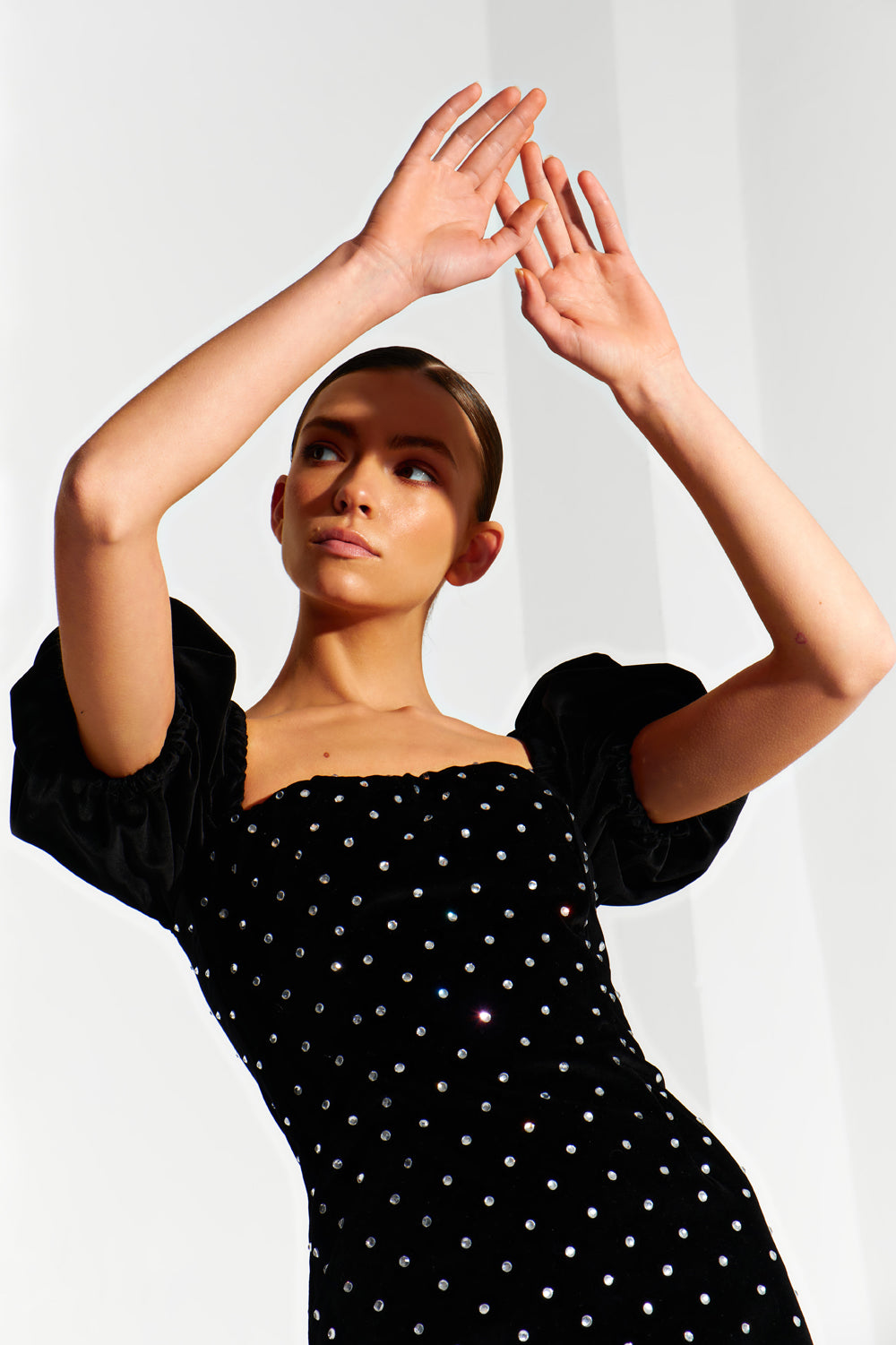 Black velvet mini dress with crystals. - Semenenko-store