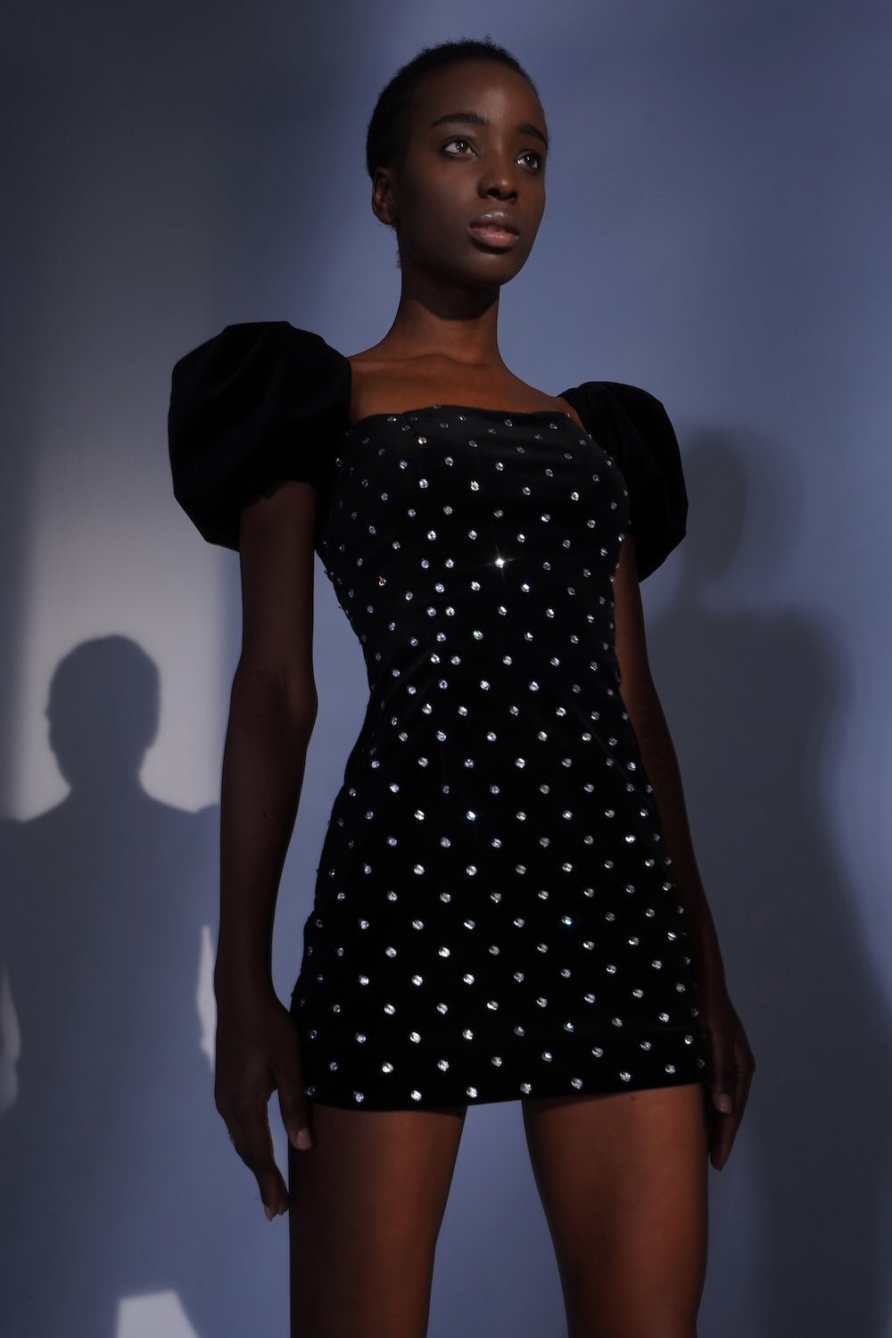 Black velvet mini dress with crystals. - Semenenko-store