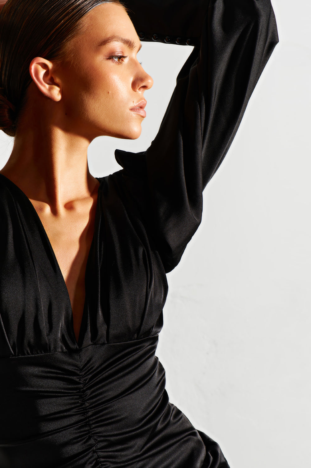 Black satin mini dress with sides and voluminous sleeve. - Semenenko-store