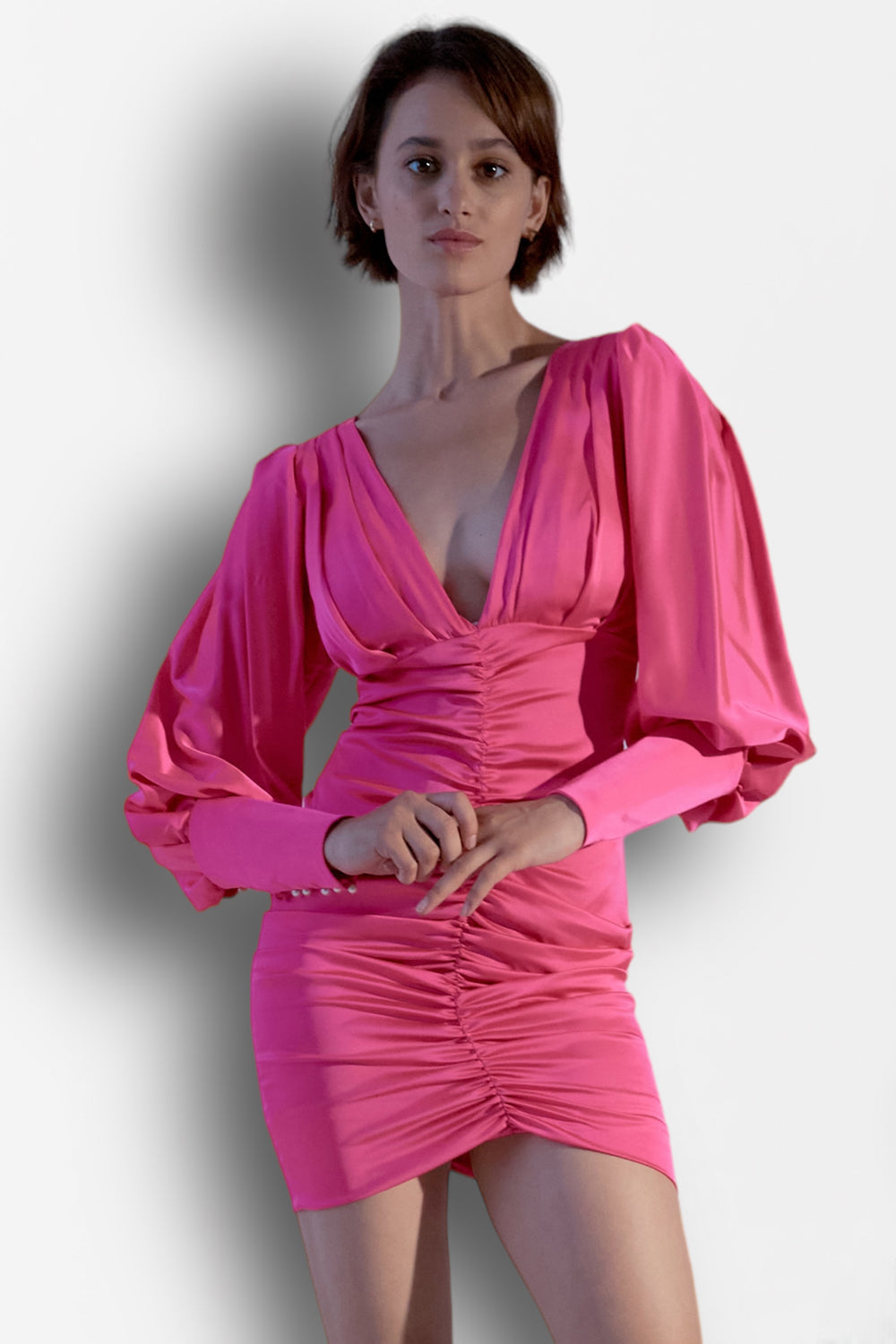 Crimson sateen mini dress with sides and voluminous sleeve. - Semenenko-store