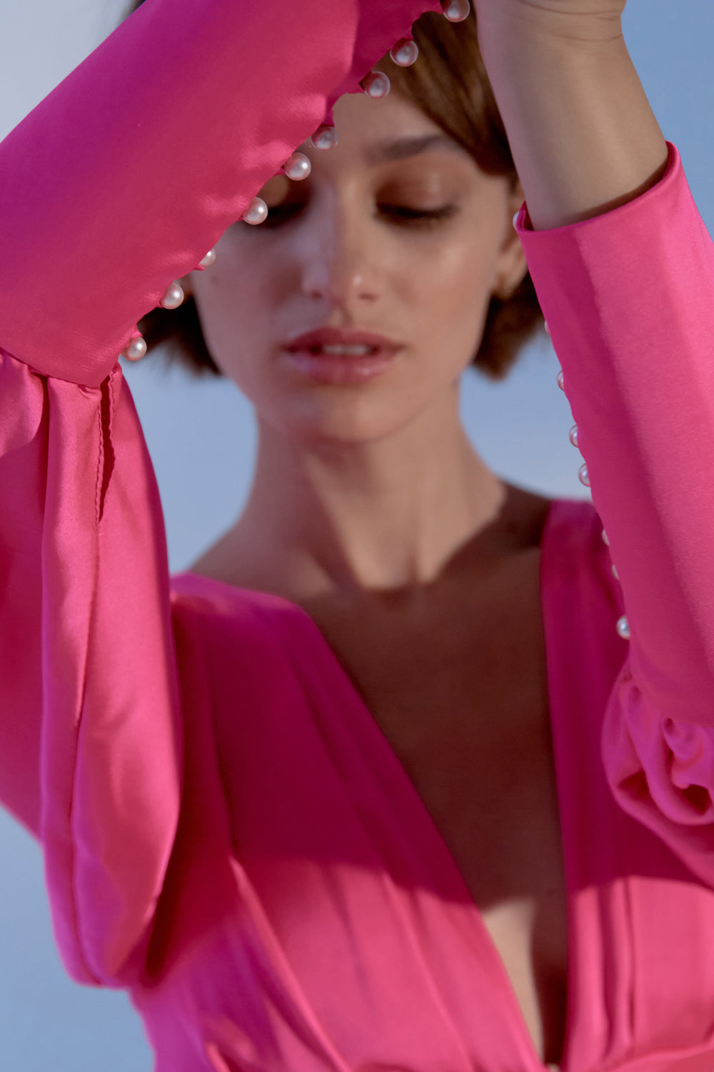 Crimson sateen mini dress with sides and voluminous sleeve. - Semenenko-store