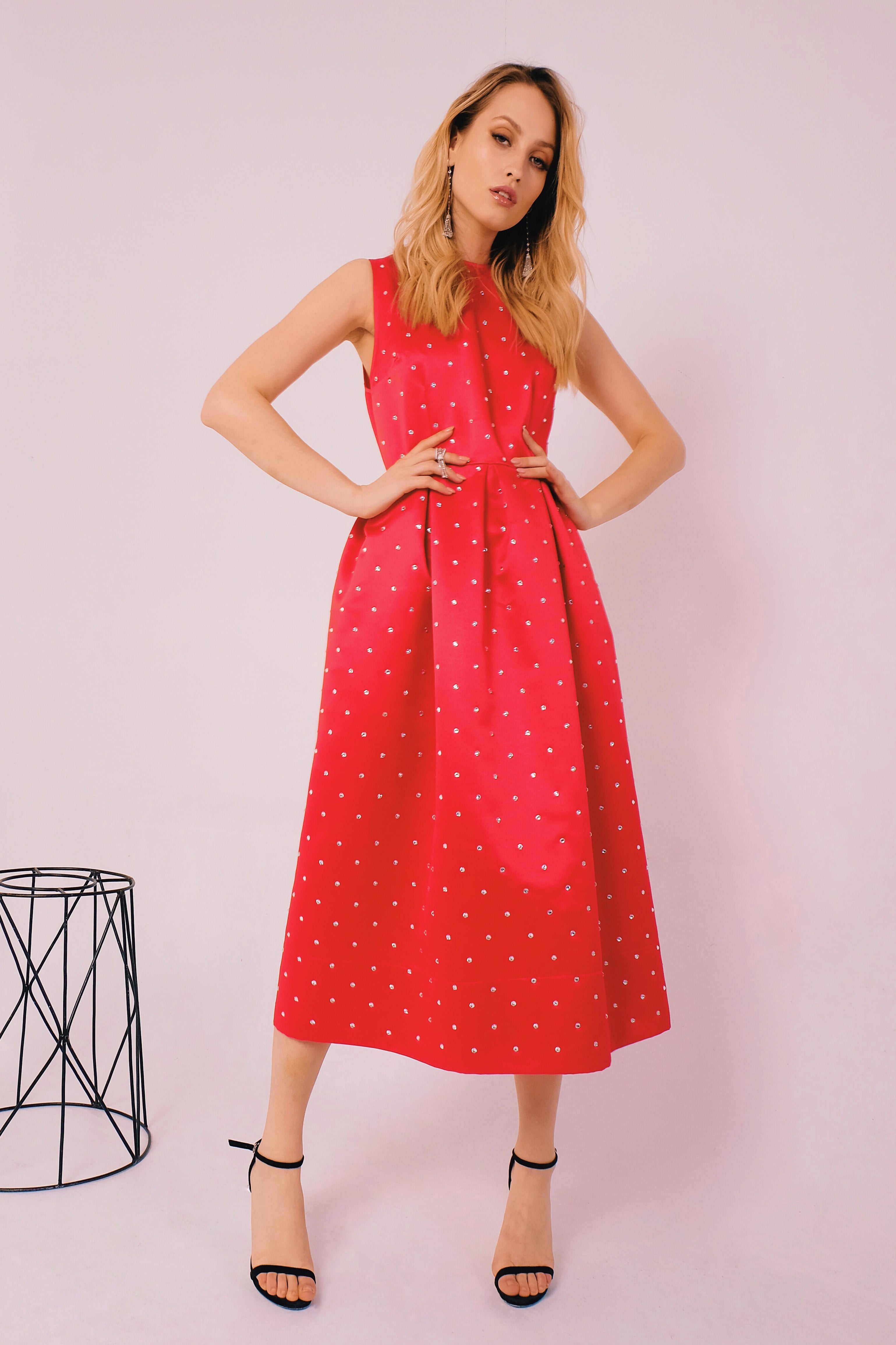 Red midi babydoll dress with crystals - Semenenko-store