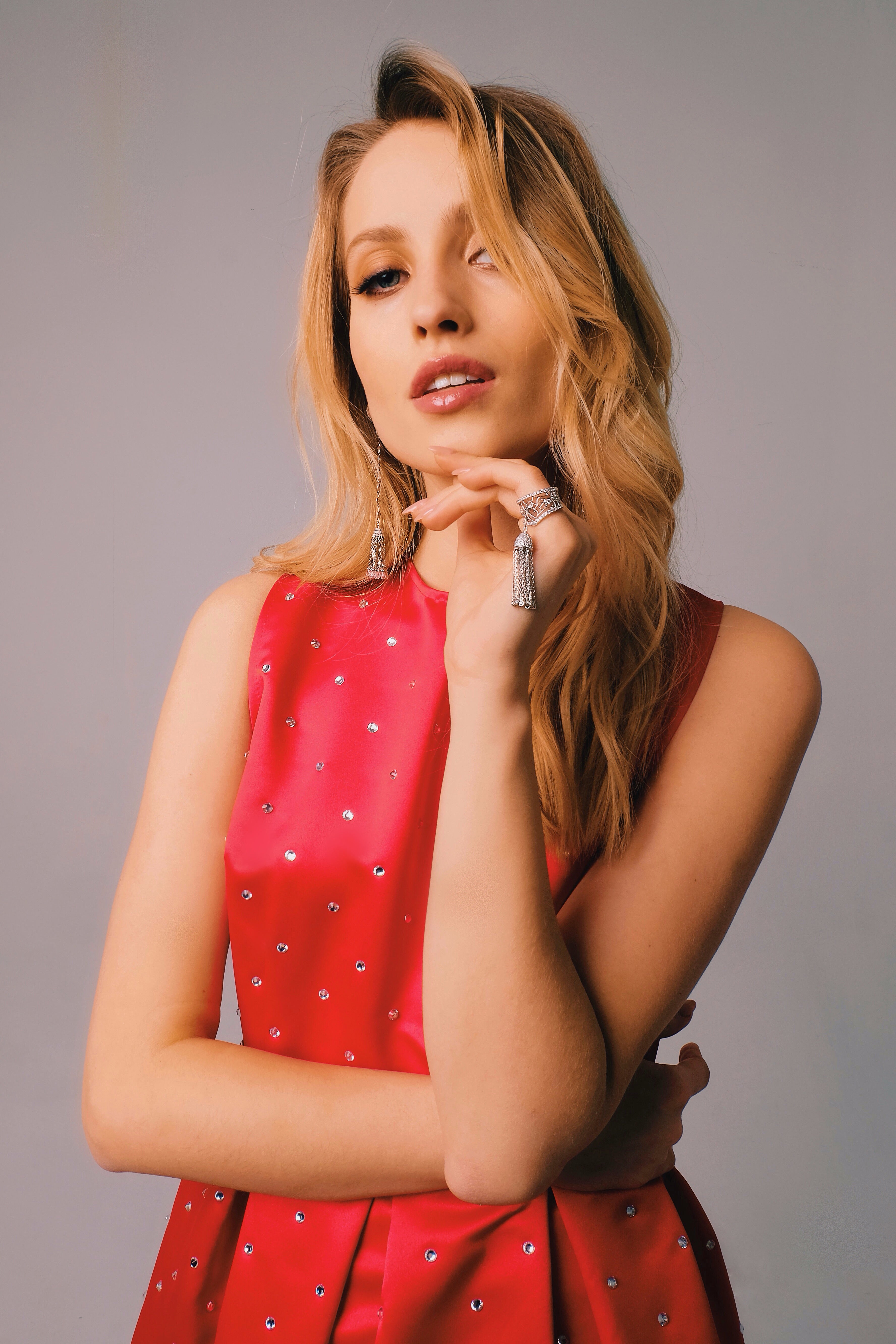 Red midi babydoll dress with crystals - Semenenko-store