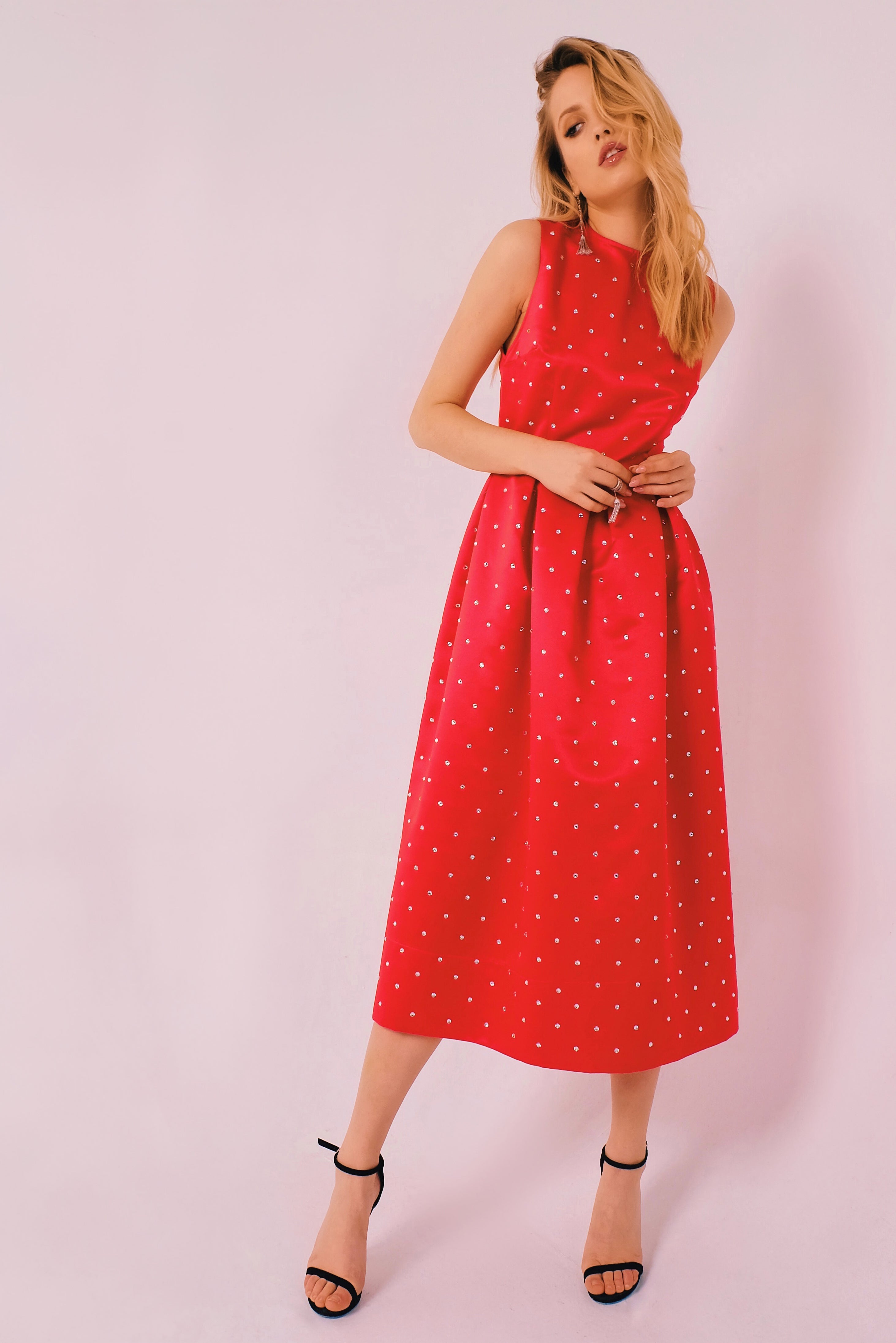 Red midi babydoll dress with crystals - Semenenko-store