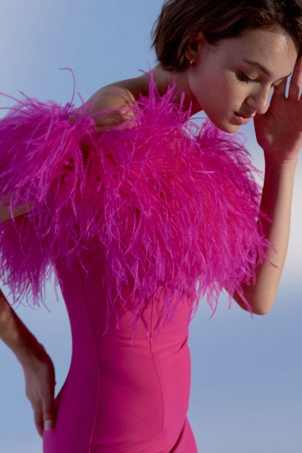 Crimson mini costume dress with feathers on the shoulders. - Semenenko-store