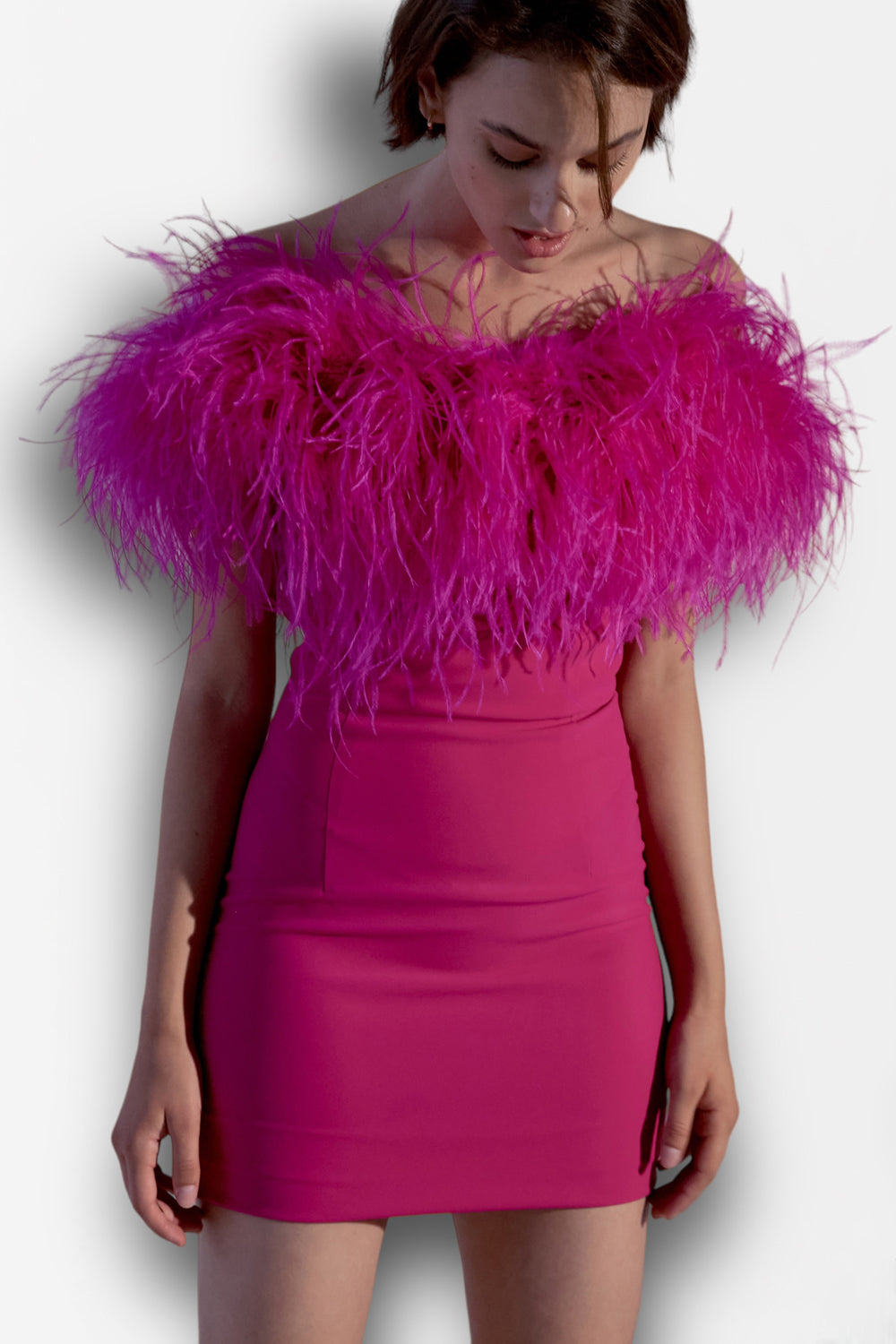 Crimson mini costume dress with feathers on the shoulders. - Semenenko-store