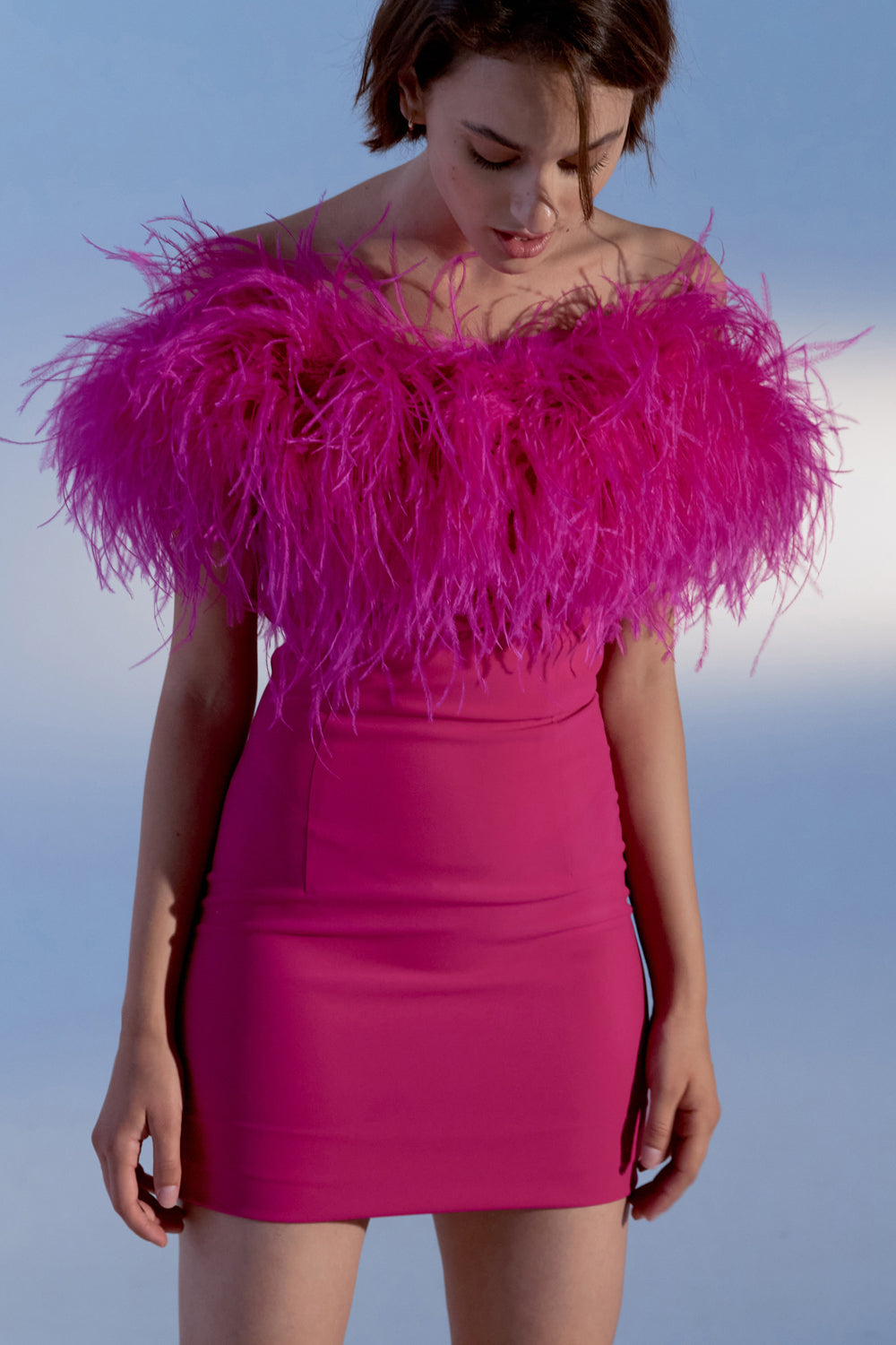 Crimson mini costume dress with feathers on the shoulders. - Semenenko-store
