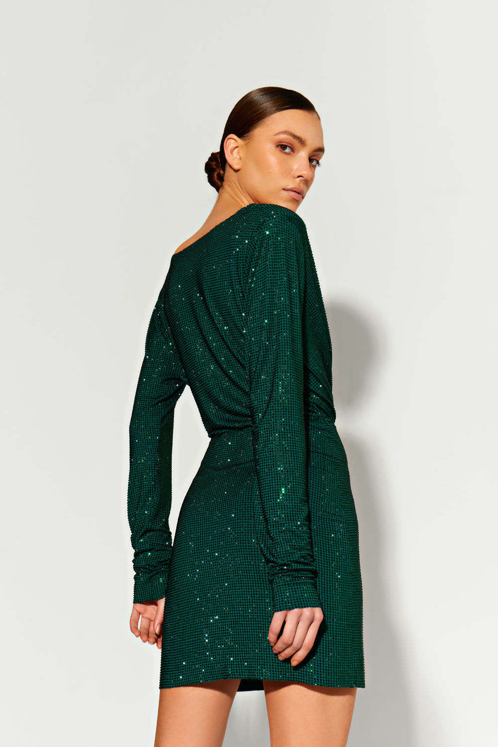 Emerald crystal mini dress with scooped sleeves. - Semenenko-store
