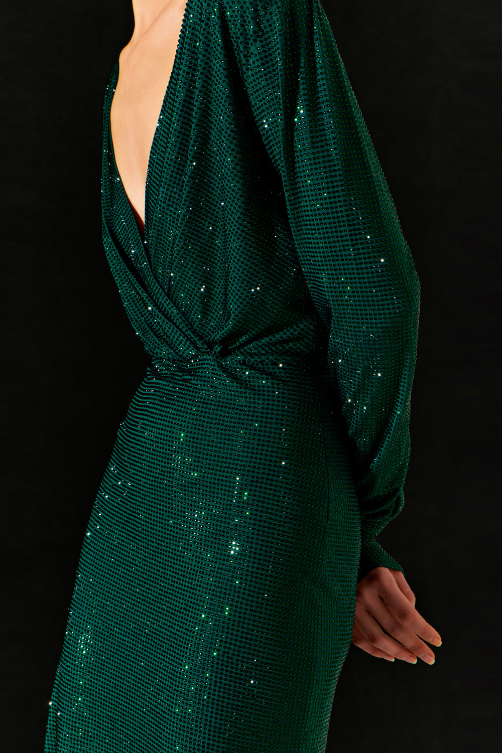 Emerald crystal mini dress with scooped sleeves. - Semenenko-store
