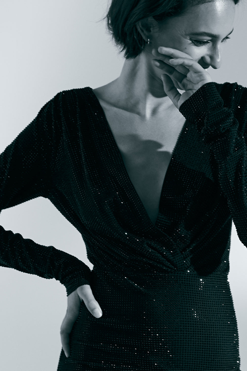 Black crystals mini dress with scooped sleeves. - Semenenko-store