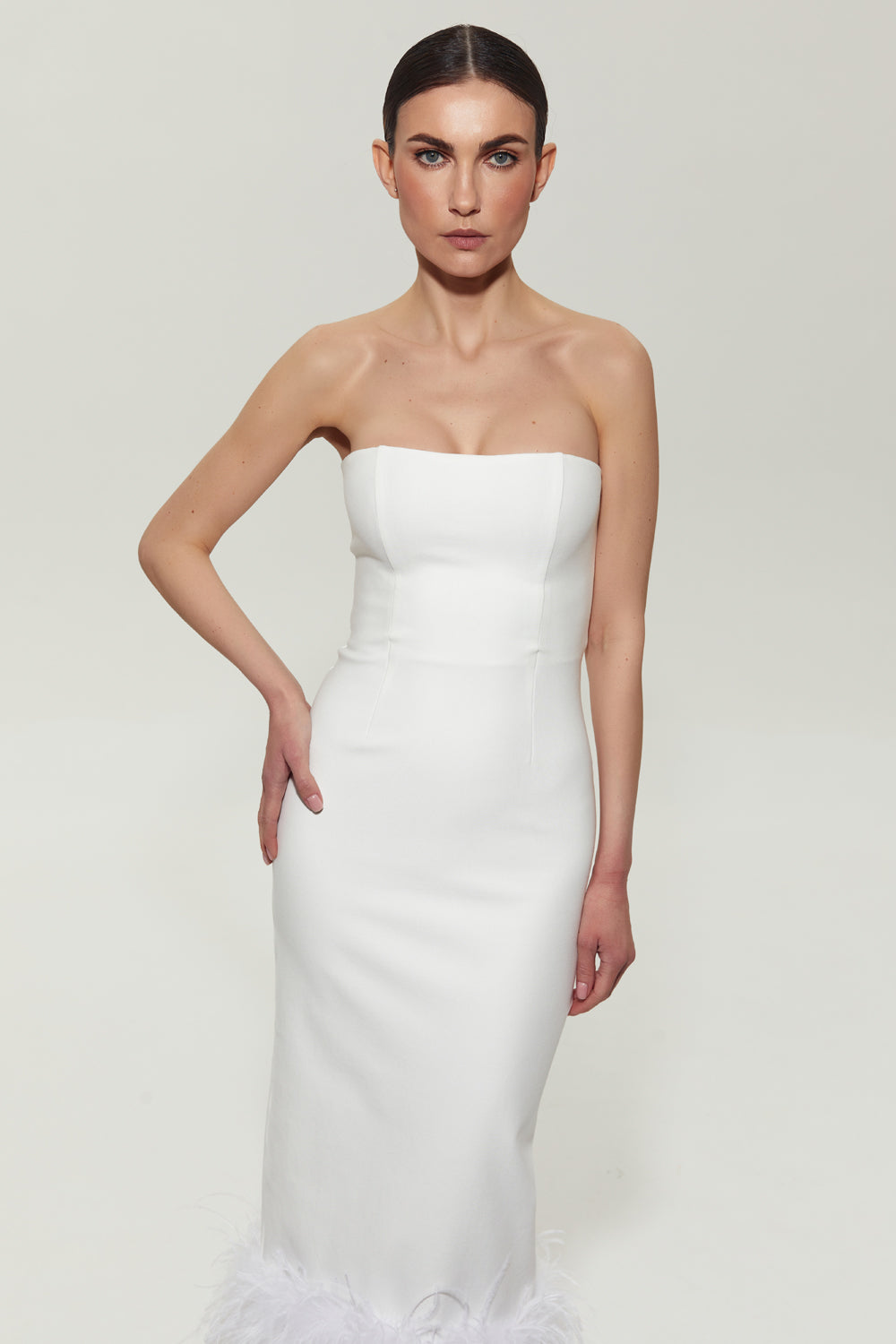 Milk jersey midi dress with feathers at the bottom - Semenenko-store