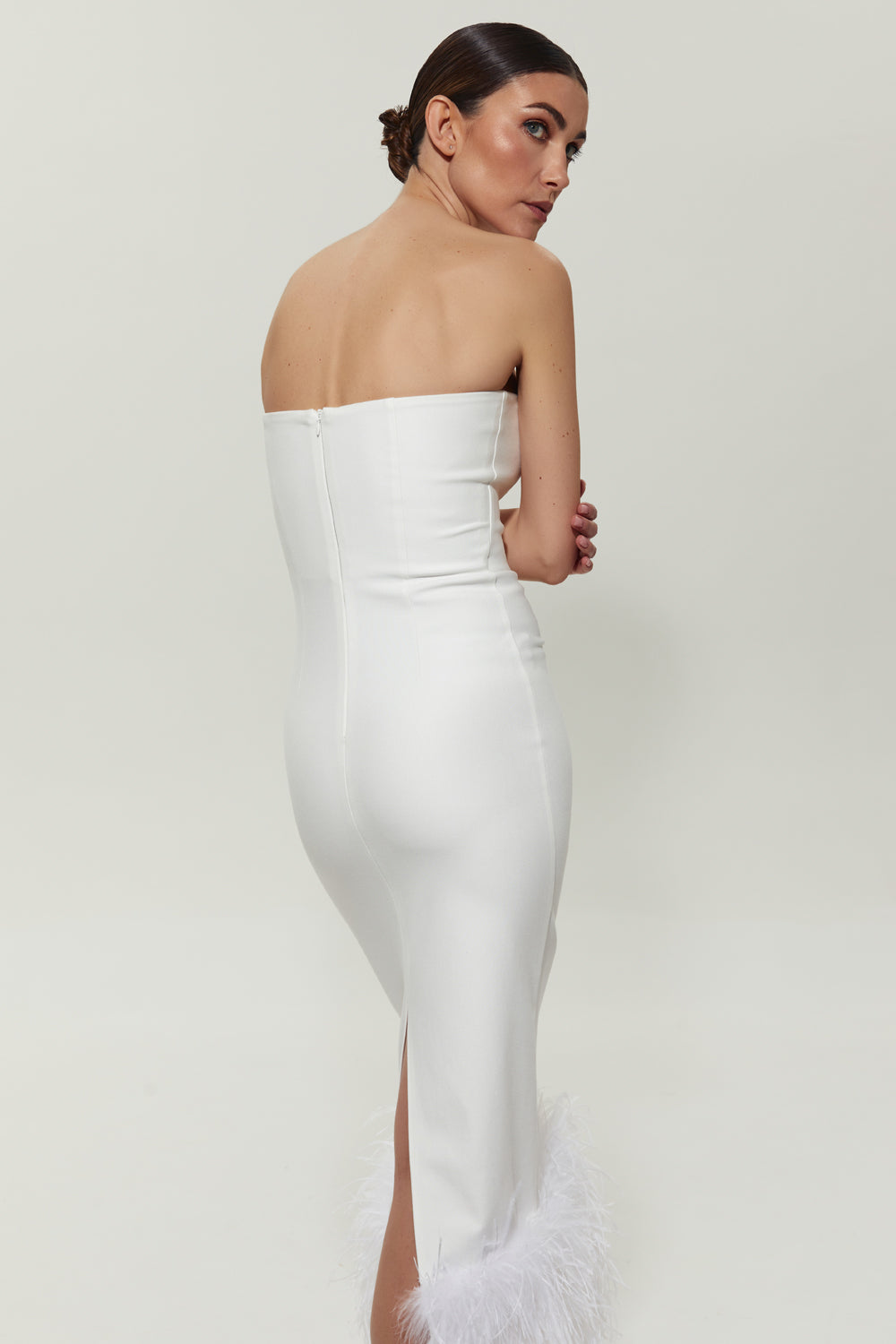 Milk jersey midi dress with feathers at the bottom - Semenenko-store
