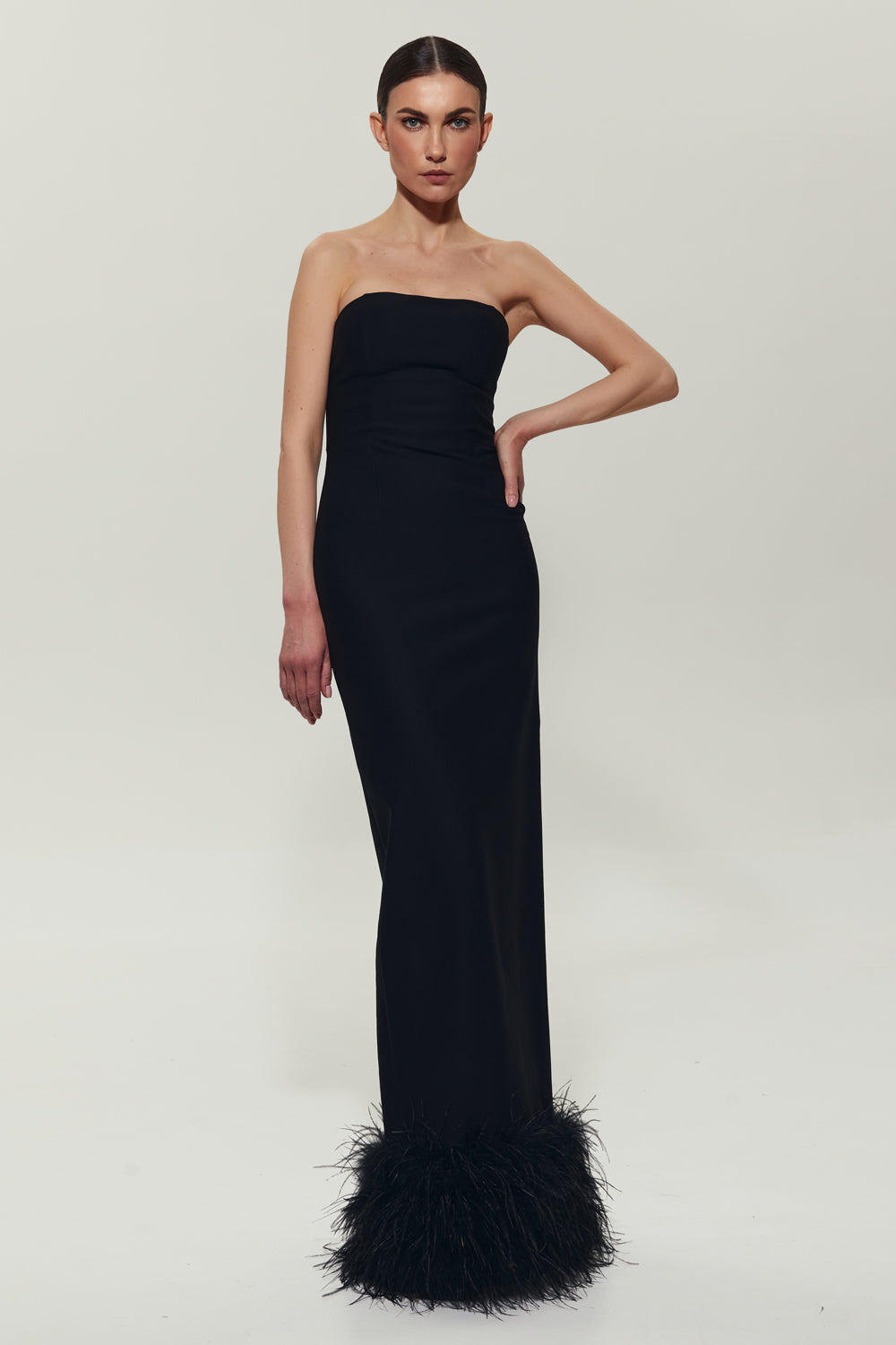 Black maxi dress with feathers on the bottom - Semenenko-store