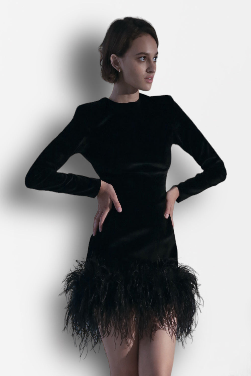 Black velvet mini dress with feathers on the bottom - Semenenko-store
