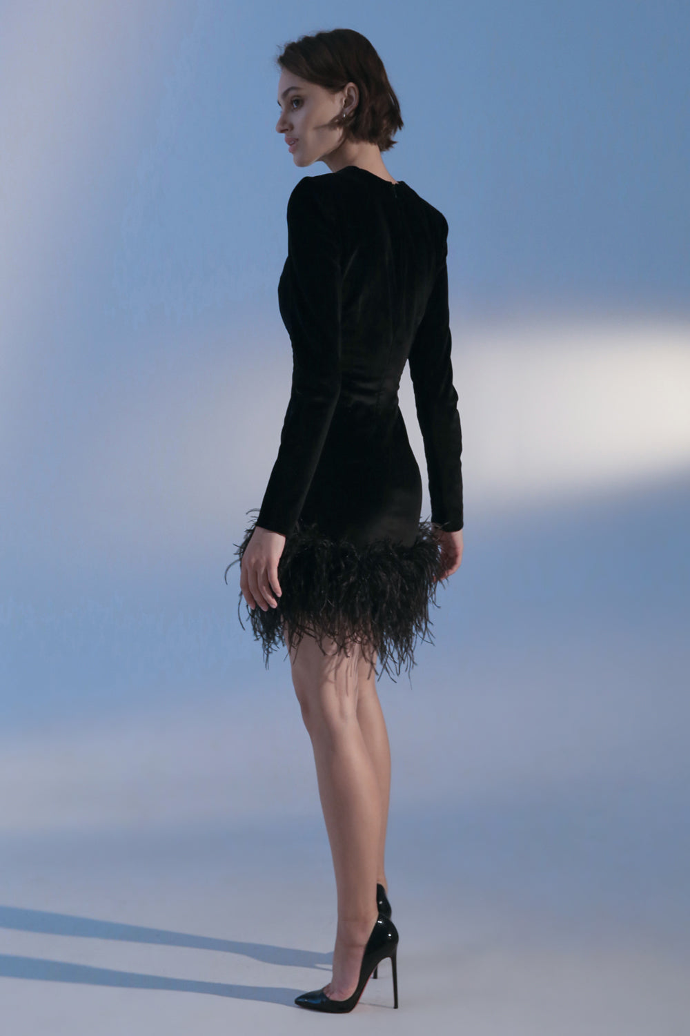 Black velvet mini dress with feathers on the bottom - Semenenko-store