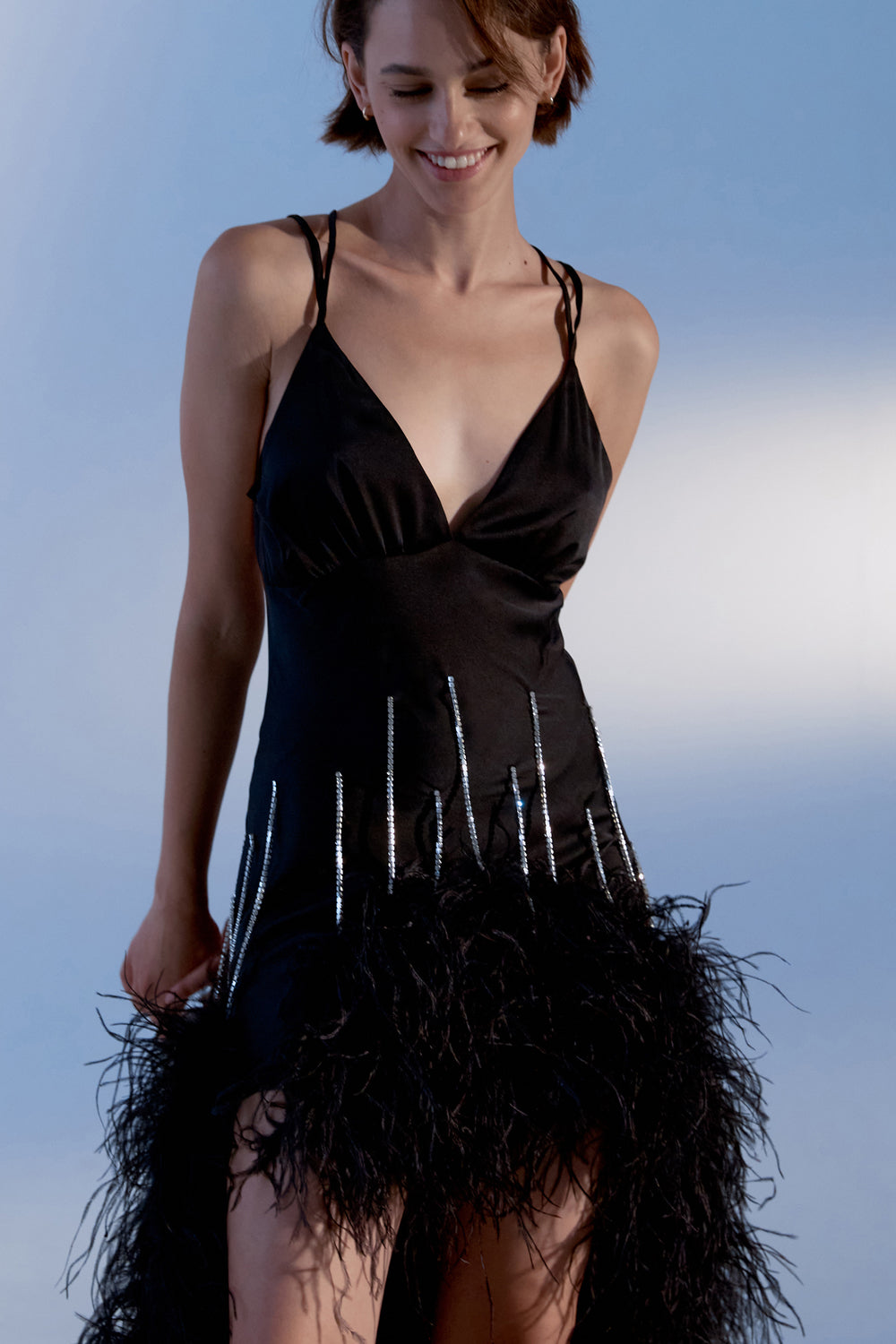 Black combination dress with feathers on chains - Semenenko-store