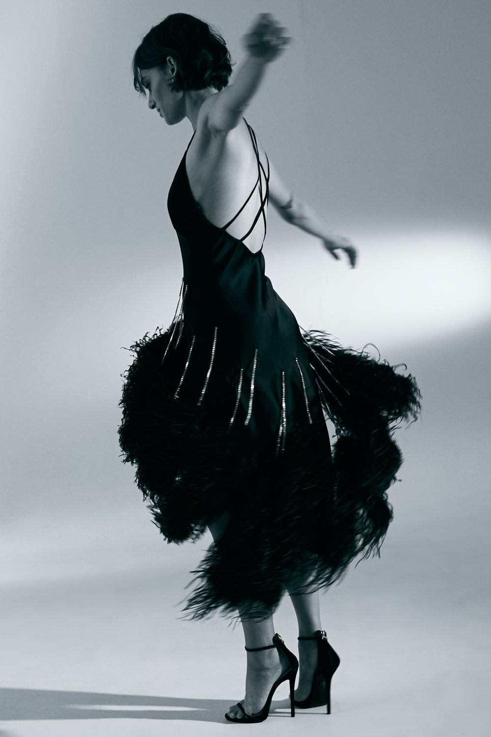 Black combination dress with feathers on chains - Semenenko-store