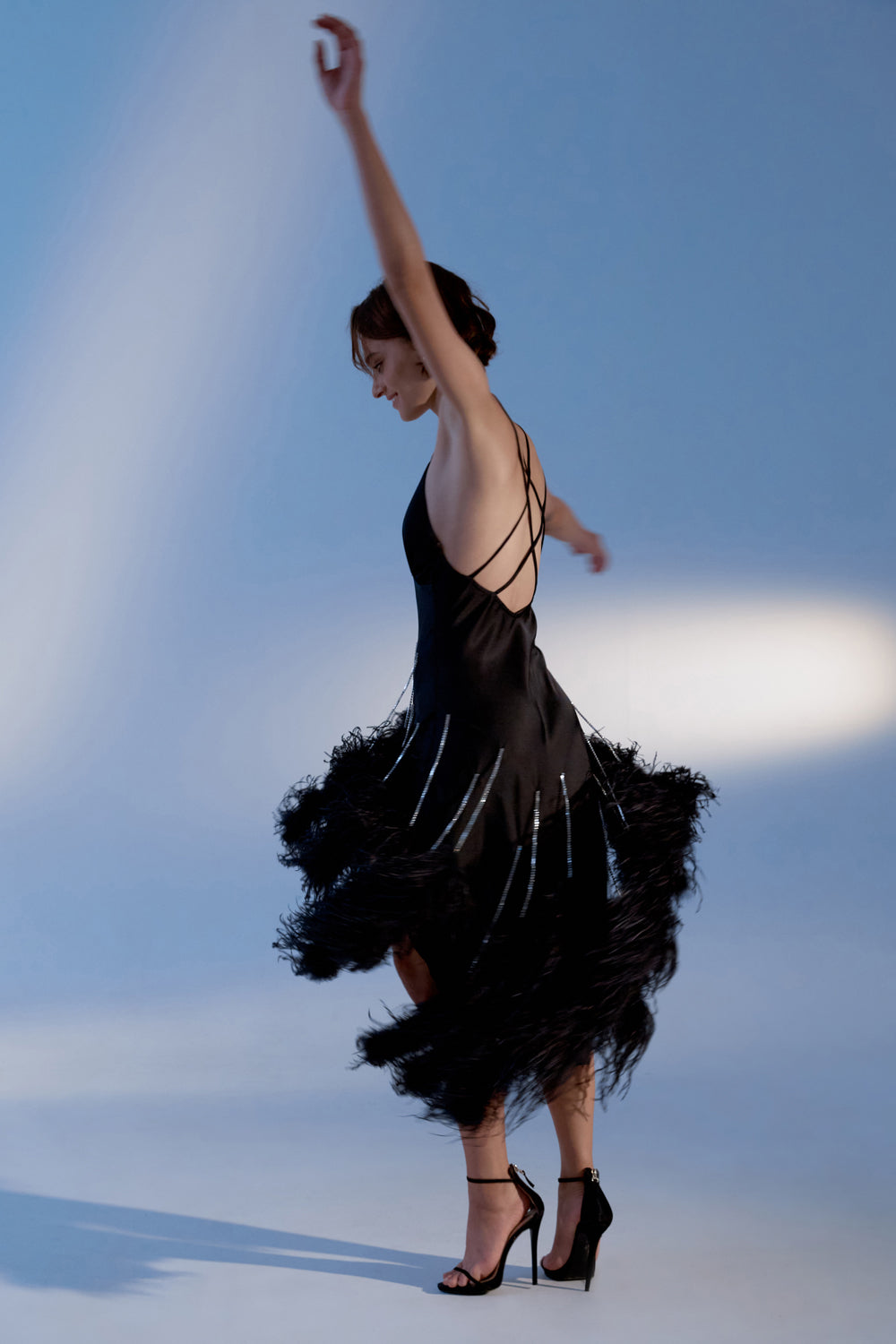 Black combination dress with feathers on chains - Semenenko-store