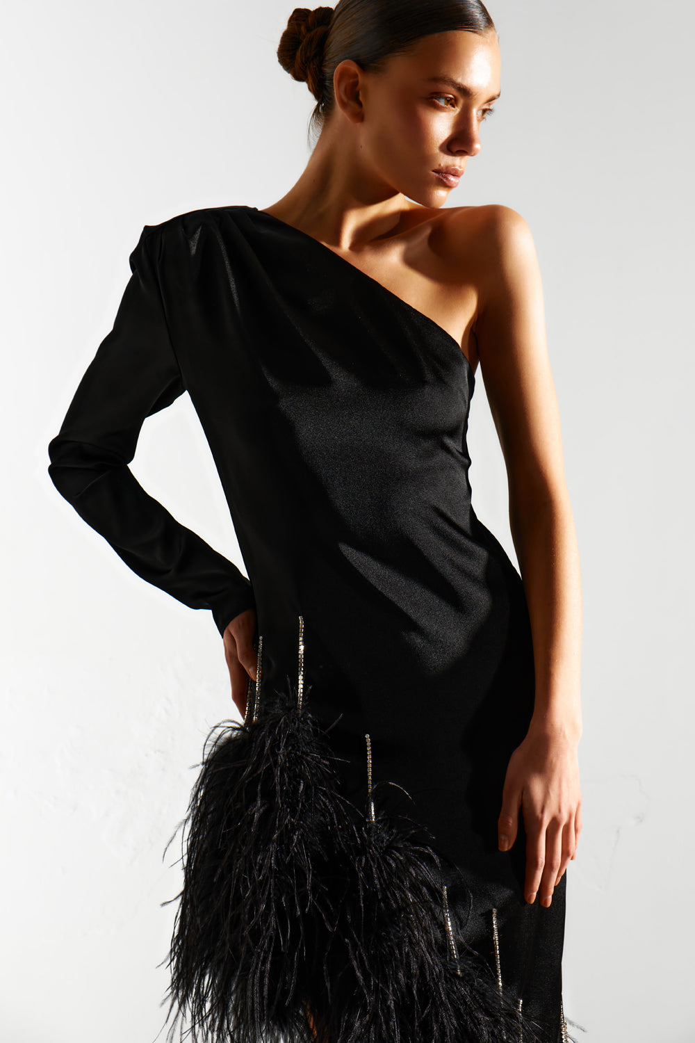 Black midi dress with feathers on chains - Semenenko-store