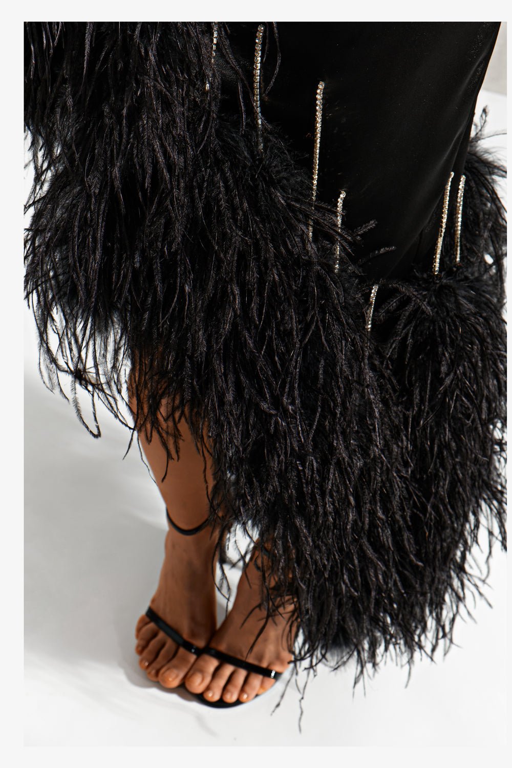 Black midi dress with feathers on chains - Semenenko-store