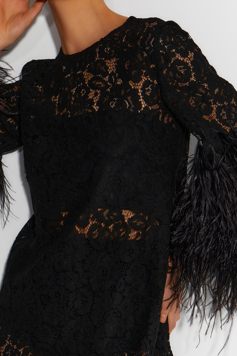 Black mini dress with feathers on the sleeves - Semenenko-store