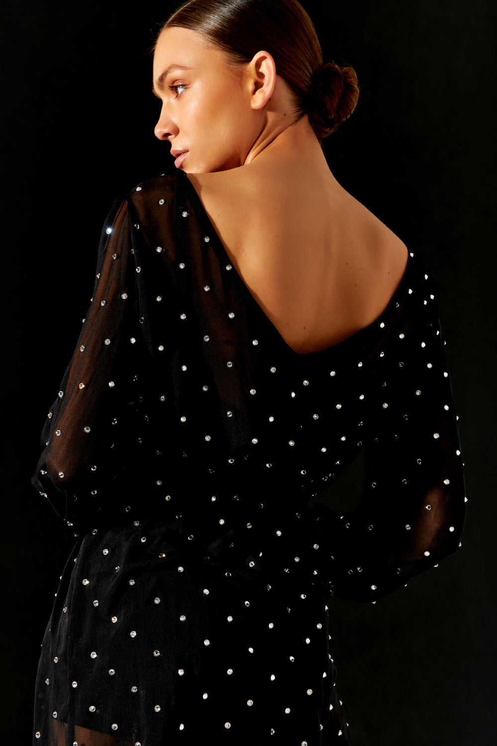 Black silk mini dress with crystals and open back - Semenenko-store