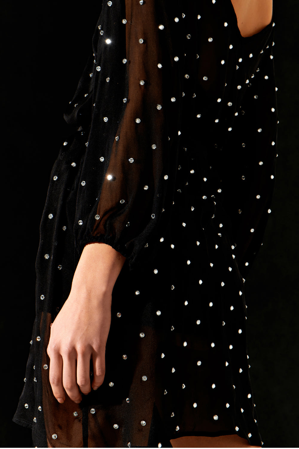 Black silk mini dress with crystals and open back - Semenenko-store