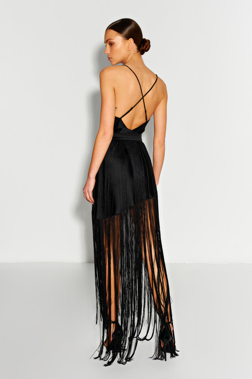 Black maxi dress with fringe belt - Semenenko-store