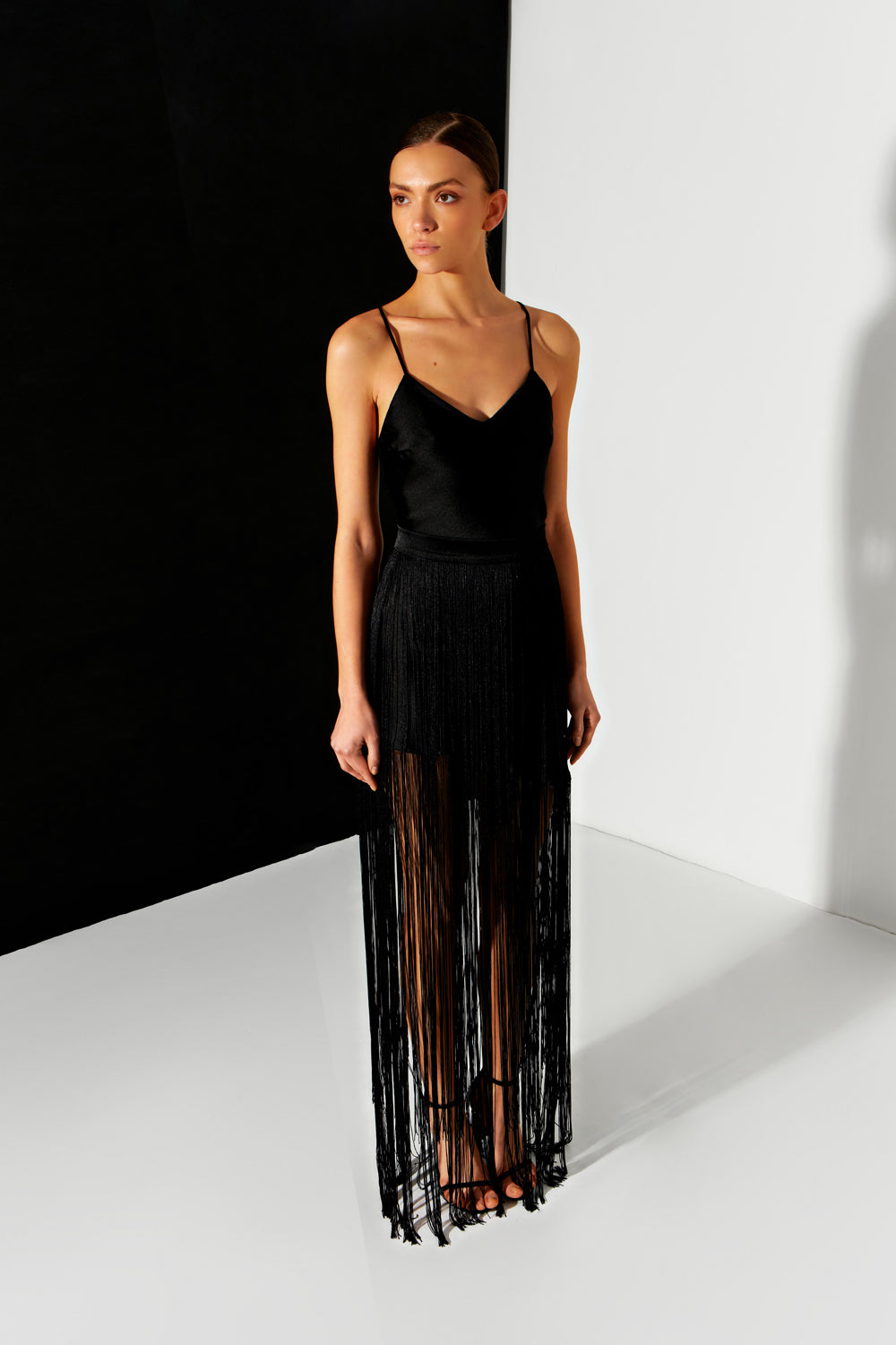 Black maxi dress with fringe belt - Semenenko-store