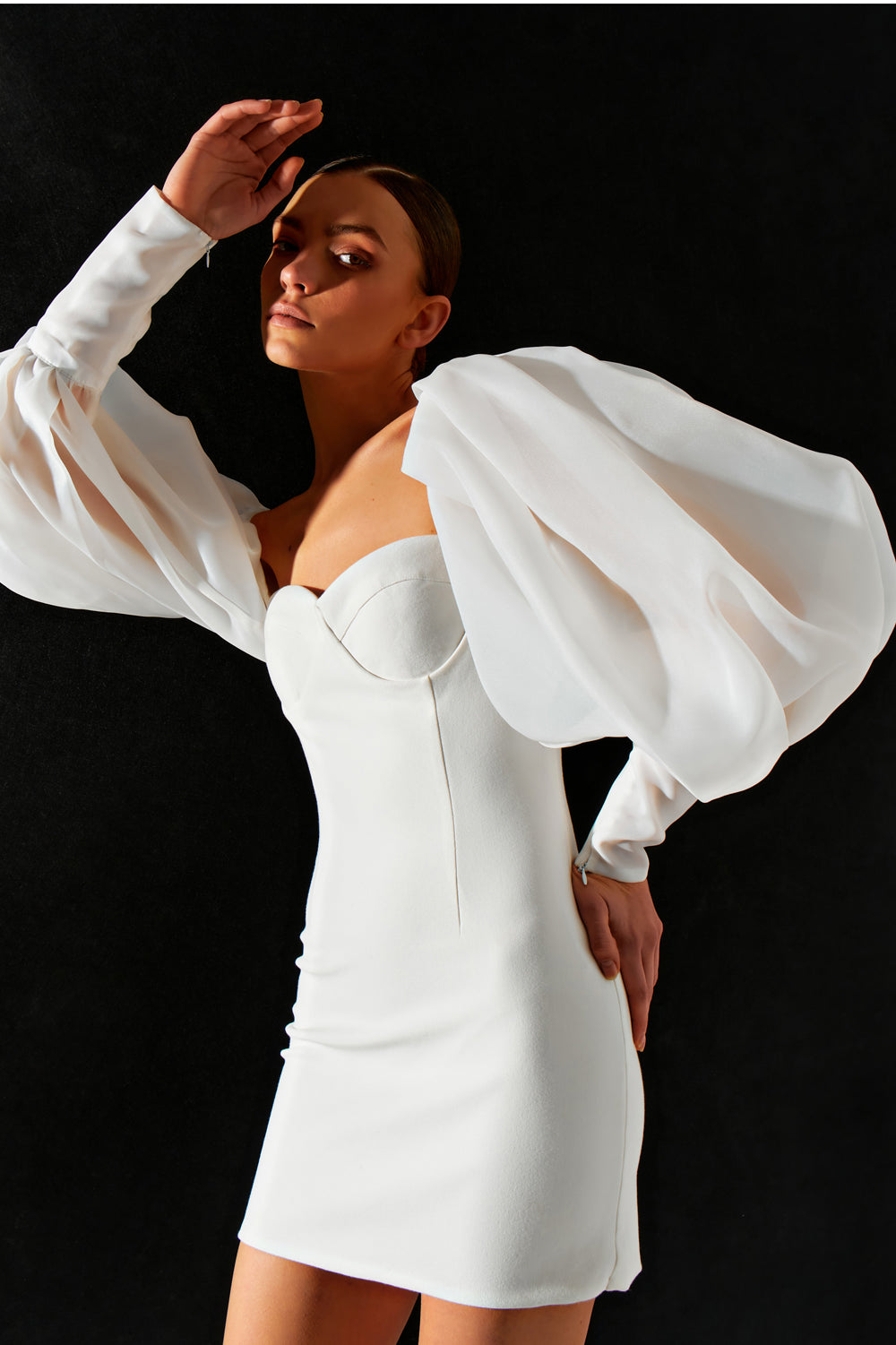 White mini dress with organza sleeves - Semenenko-store