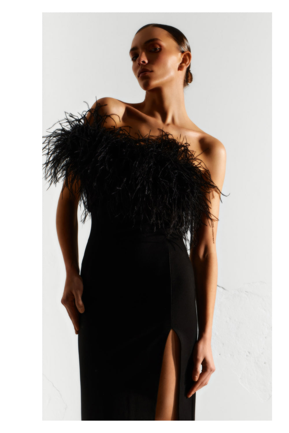 Black maxi dress with feather top - Semenenko-store