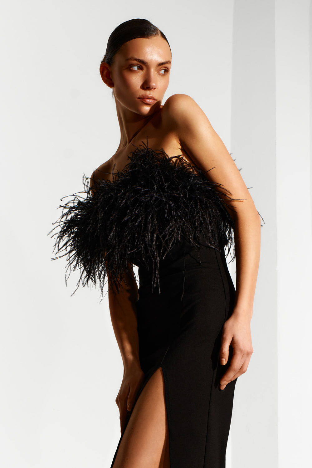 Black maxi dress with feather top - Semenenko-store