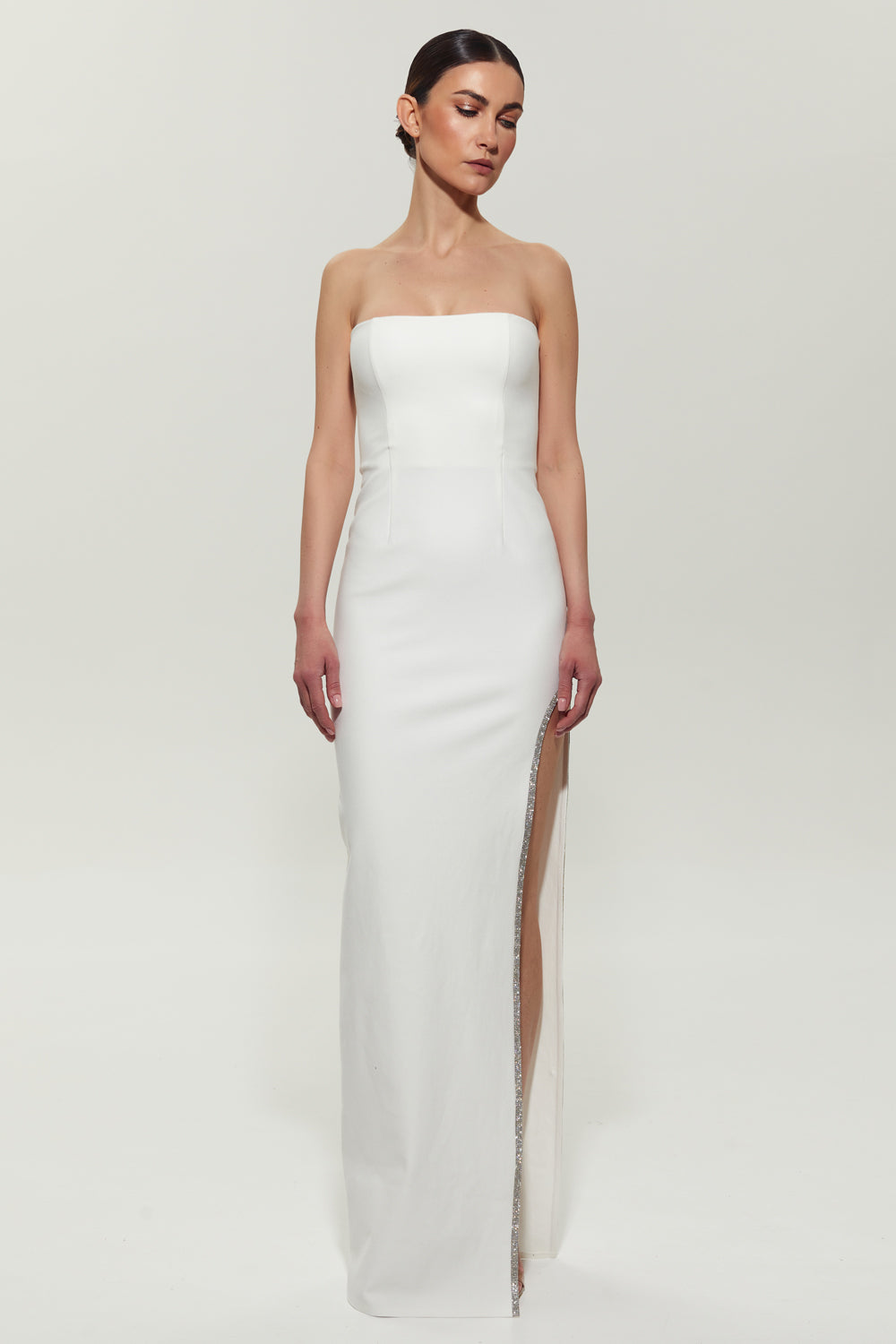 White dress with slit embellished with crystals - Semenenko-store