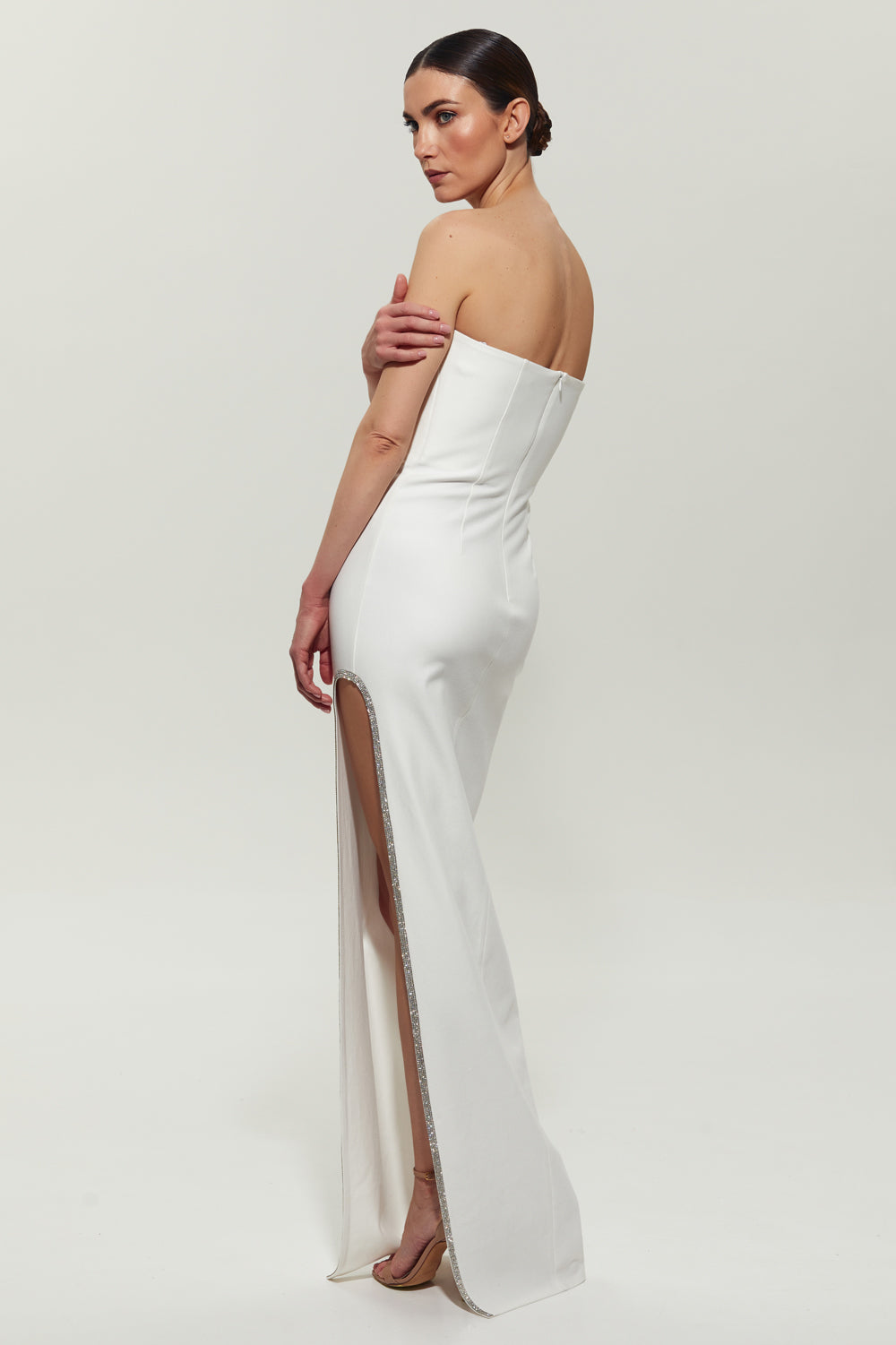 White dress with slit embellished with crystals - Semenenko-store