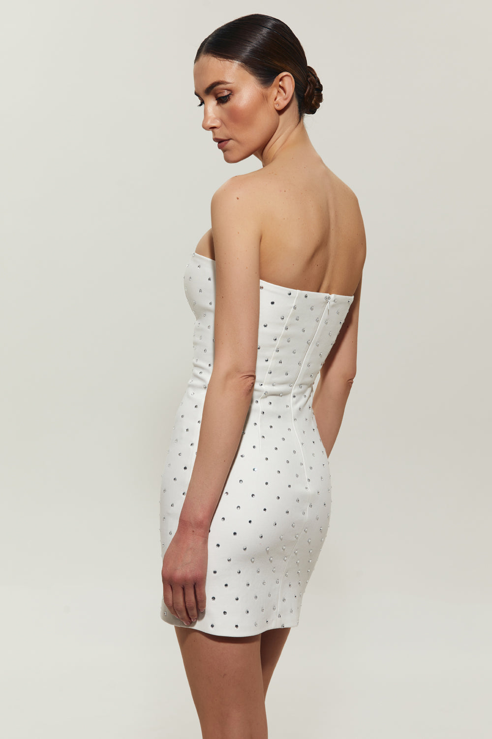 White mini dress embellished with crystals - Semenenko-store