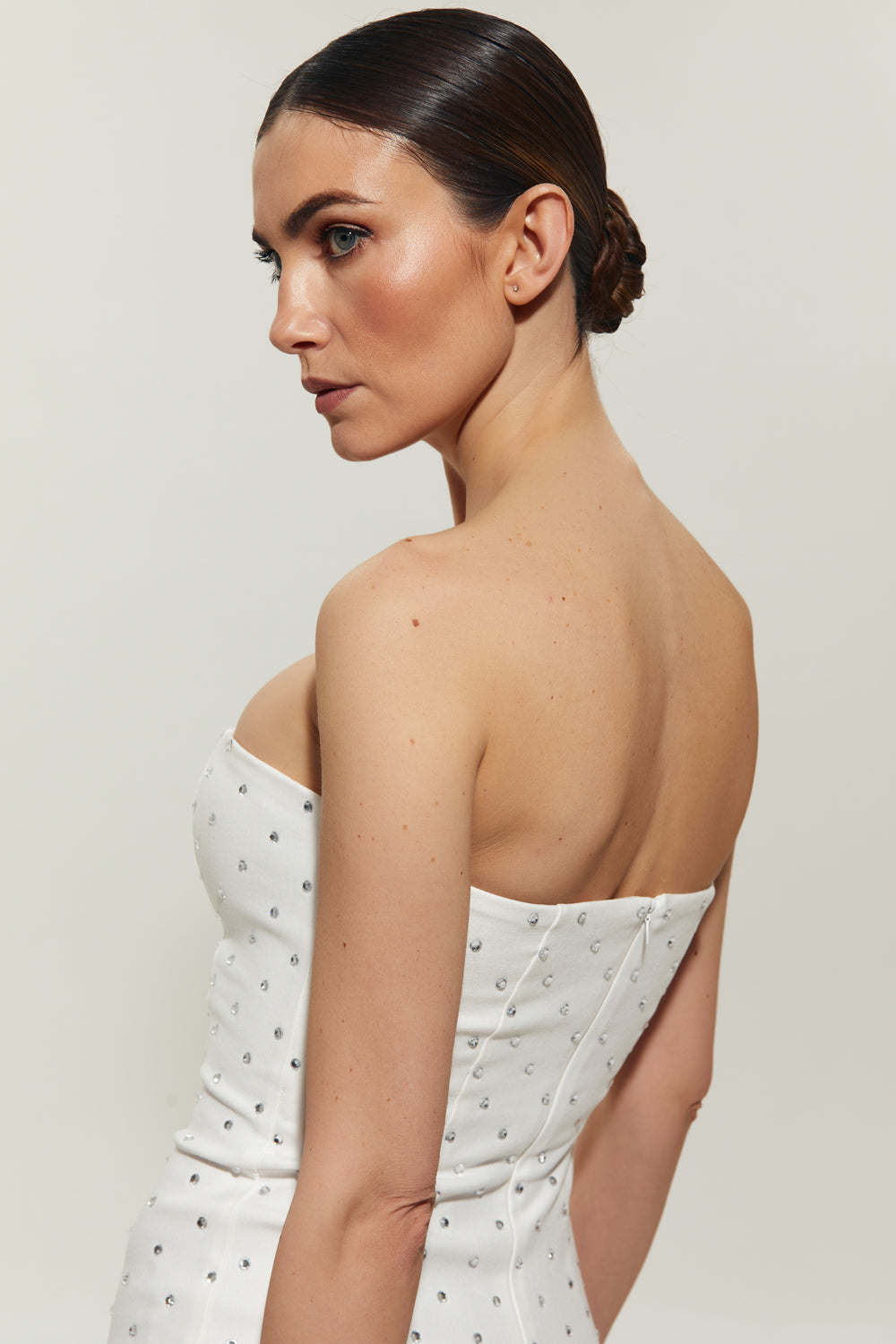 White mini dress embellished with crystals - Semenenko-store