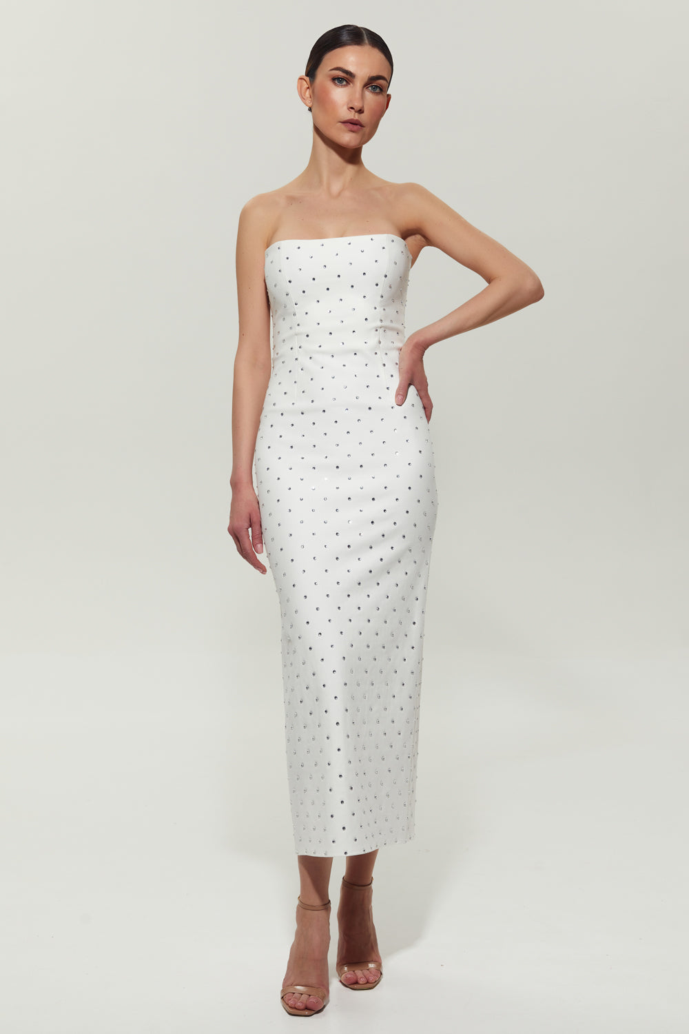 White midi dress with slit embellished with crystals - Semenenko-store