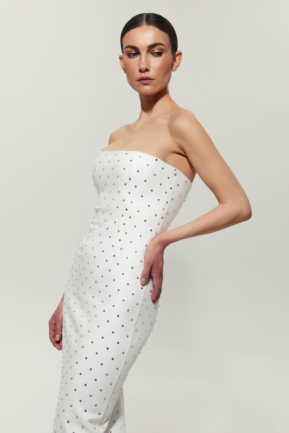 White midi dress with slit embellished with crystals - Semenenko-store