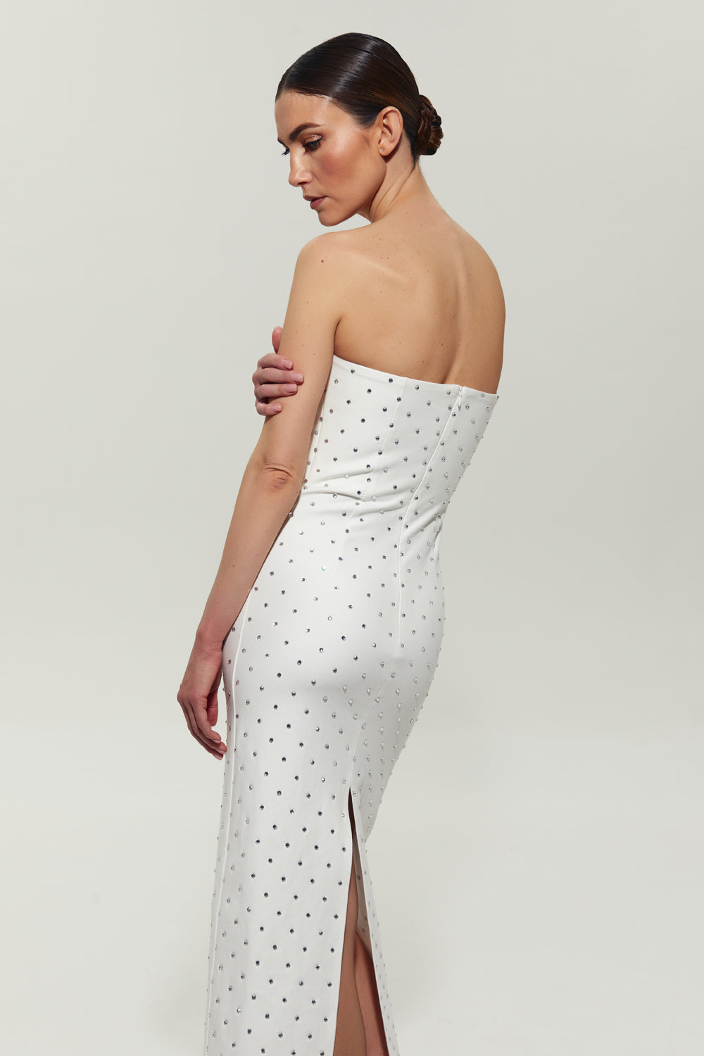 White midi dress with slit embellished with crystals - Semenenko-store