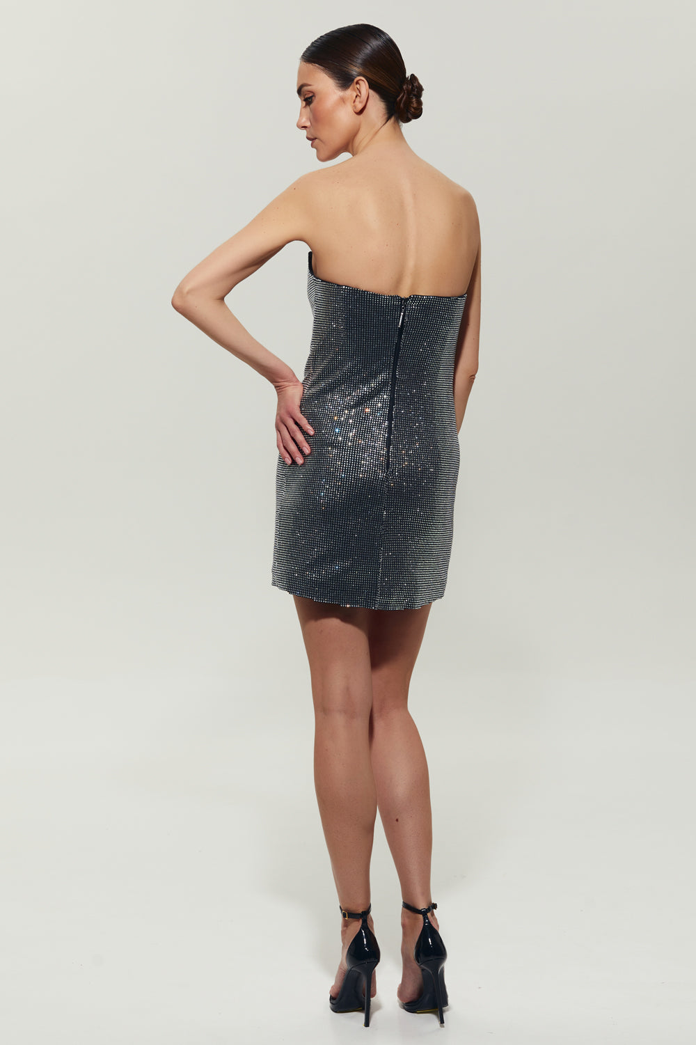 Black mini dress with crystals and open shoulders - Semenenko-store