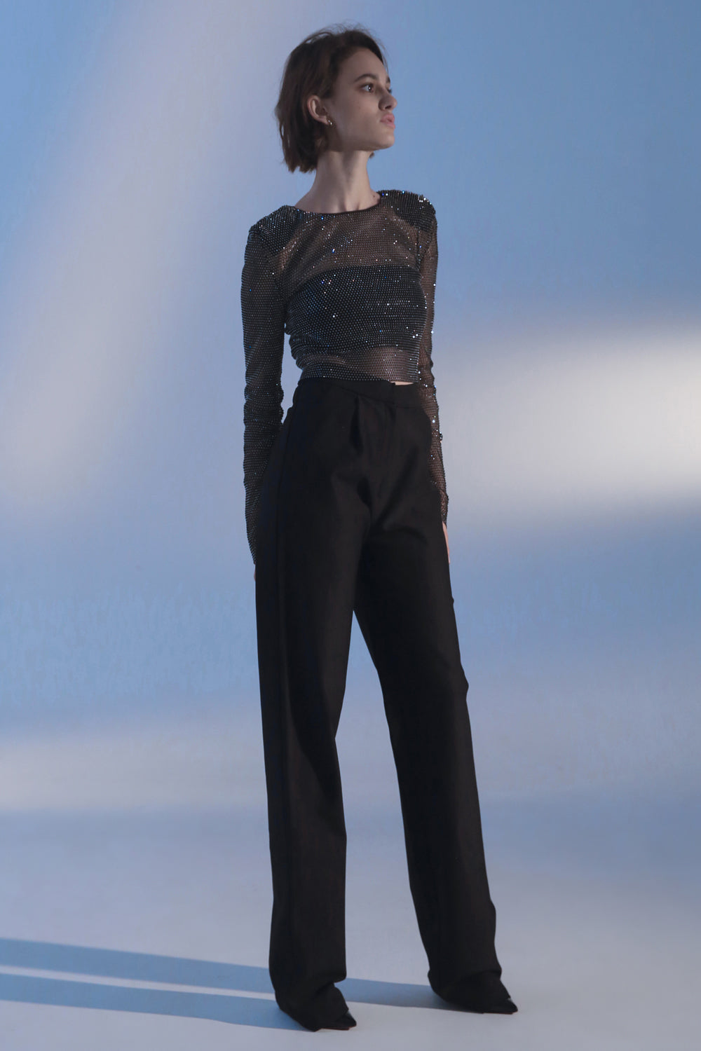 Black top with mesh sleeves with crystals - Semenenko-store